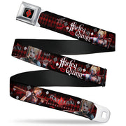 Harley Quinn Diamond Full Color Black Red Seatbelt Belt - BATMAN ARKHAM KNIGHT Logo HARLEY QUINN Bat Poses Diamonds/Bats/Kisses Black/Reds/White Webbing Seatbelt Belts DC Comics