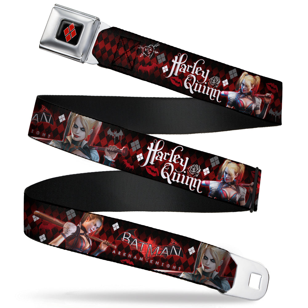 Harley Quinn Diamond Full Color Black Red Seatbelt Belt - BATMAN ARKHAM KNIGHT Logo HARLEY QUINN Bat Poses Diamonds/Bats/Kisses Black/Reds/White Webbing Seatbelt Belts DC Comics