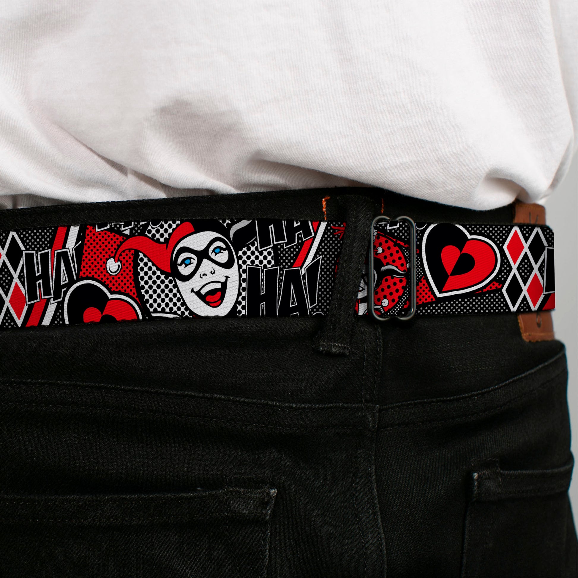 Harley Quinn Diamond Full Color Black Red Seatbelt Belt - Harley Quinn Poses/HAHAHA!/Diamonds/Hearts Halftone White/Black/Red Webbing Seatbelt Belts DC Comics