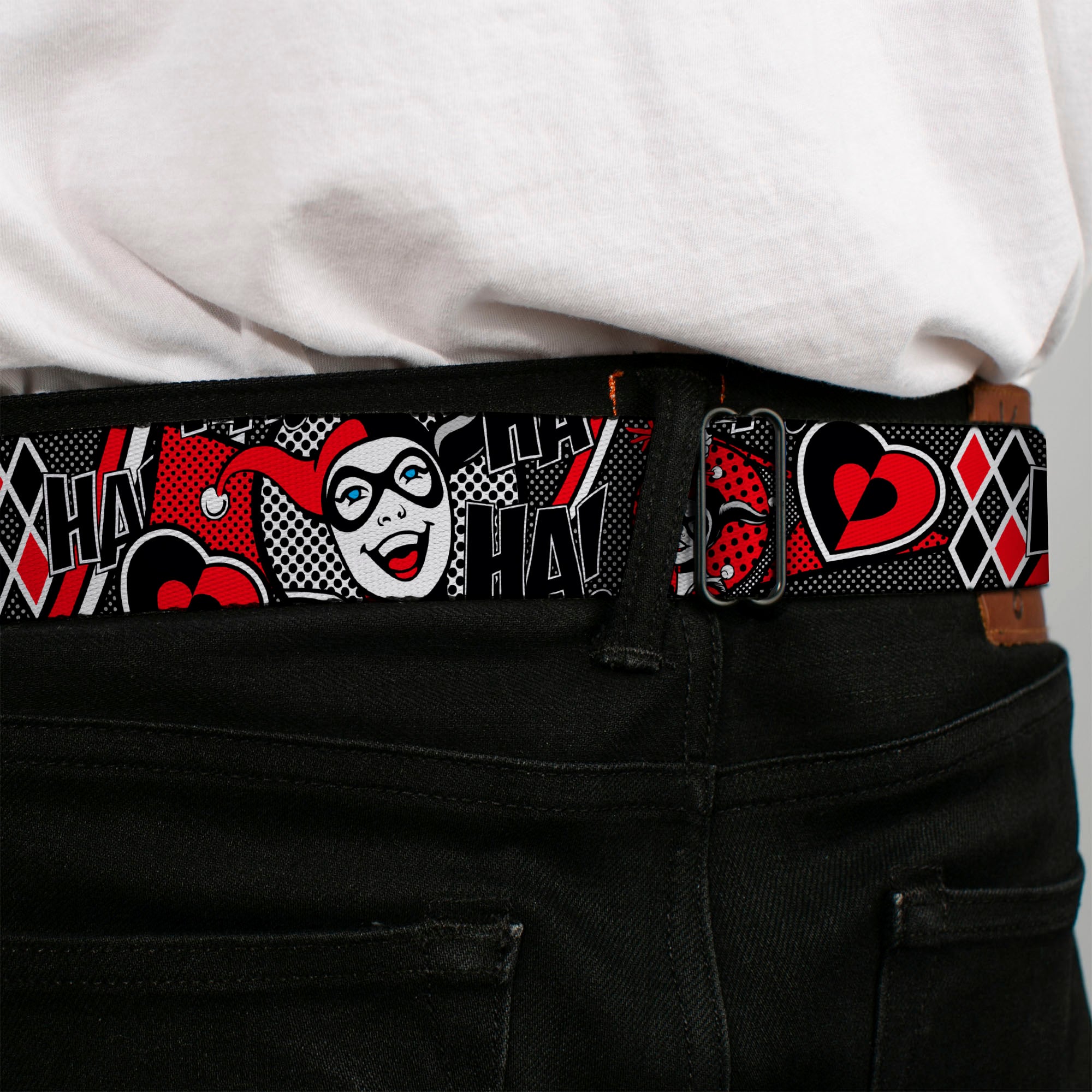 Harley Quinn Diamond Full Color Black Red Seatbelt Belt - Harley Quinn Poses/HAHAHA!/Diamonds/Hearts Halftone White/Black/Red Webbing Seatbelt Belts DC Comics