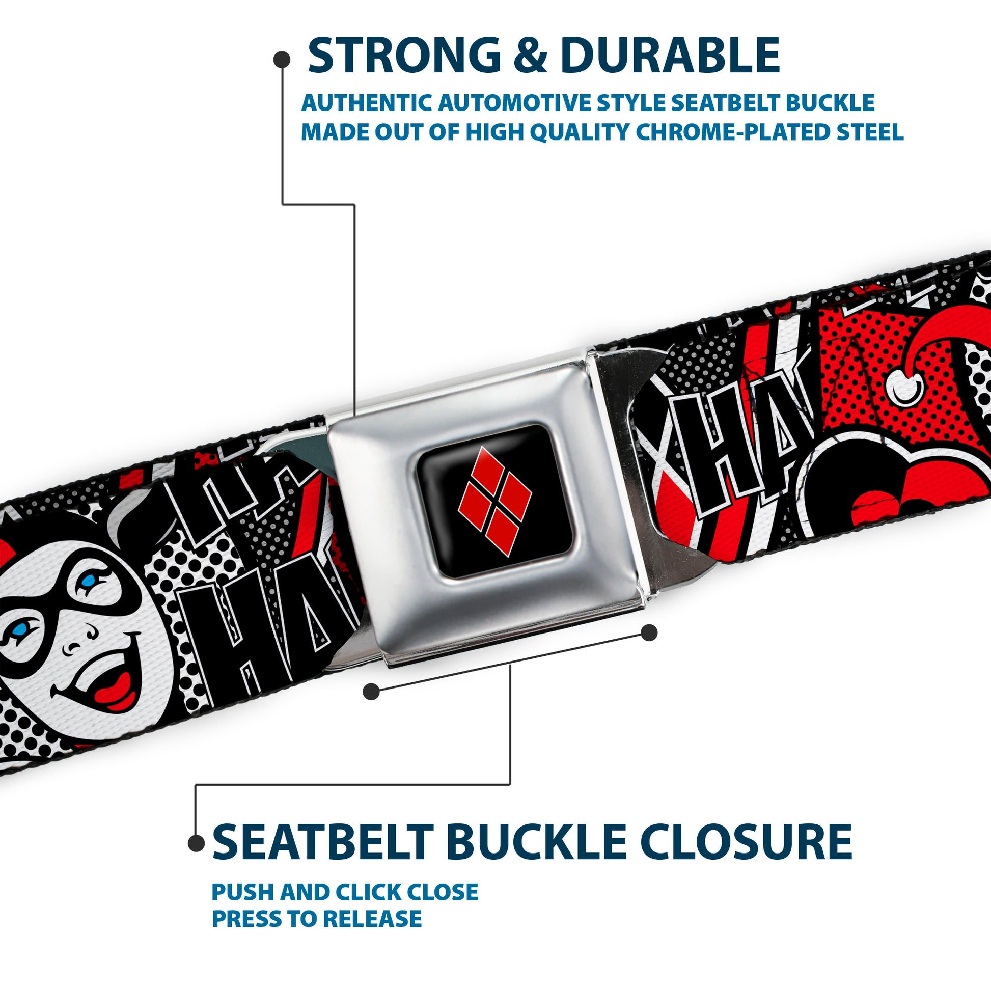 Harley Quinn Diamond Full Color Black Red Seatbelt Belt - Harley Quinn Poses/HAHAHA!/Diamonds/Hearts Halftone White/Black/Red Webbing Seatbelt Belts DC Comics