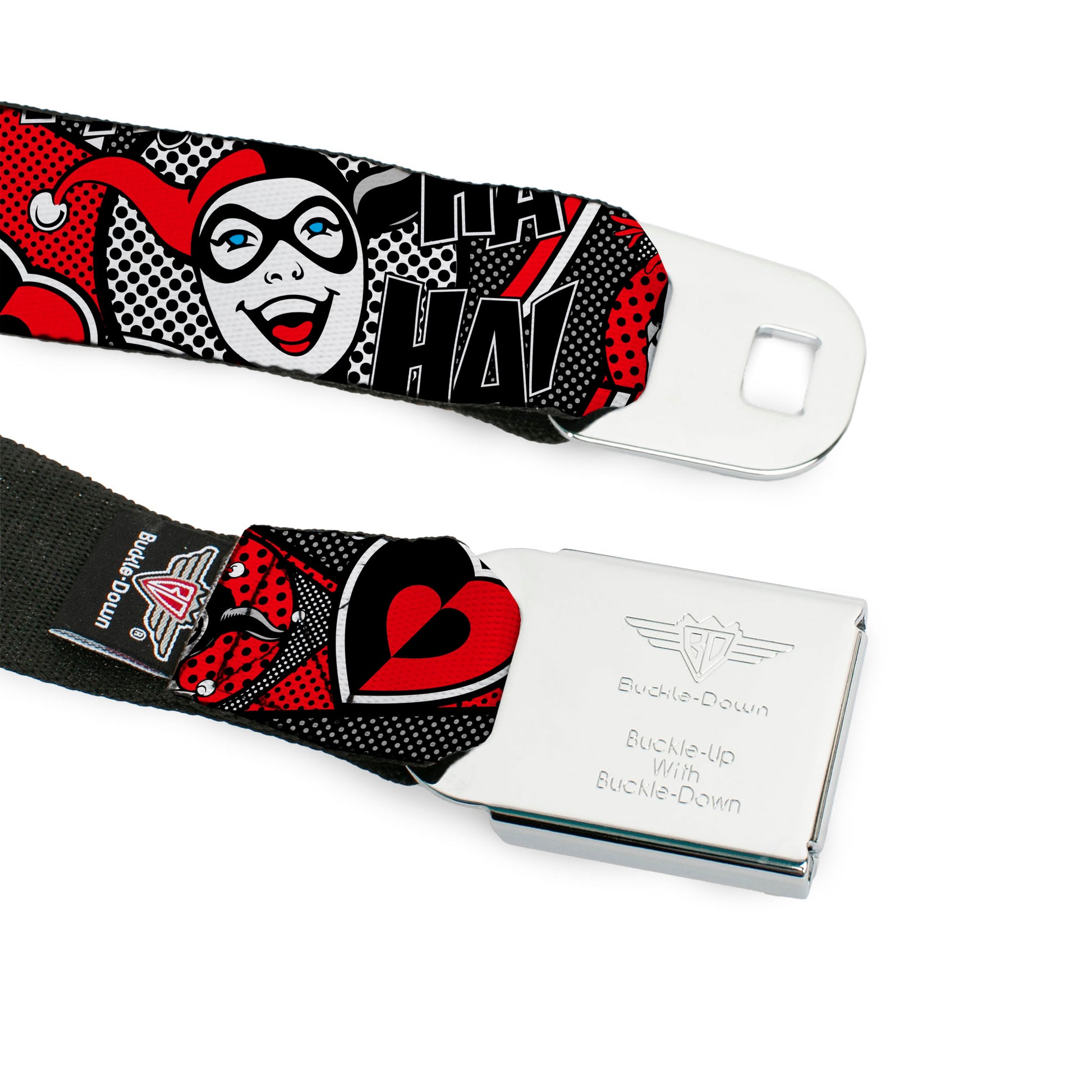 Harley Quinn Diamond Full Color Black Red Seatbelt Belt - Harley Quinn Poses/HAHAHA!/Diamonds/Hearts Halftone White/Black/Red Webbing Seatbelt Belts DC Comics