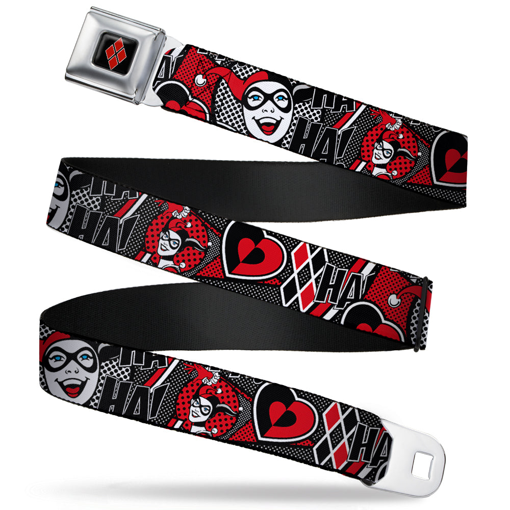 Harley Quinn Diamond Full Color Black Red Seatbelt Belt - Harley Quinn Poses/HAHAHA!/Diamonds/Hearts Halftone White/Black/Red Webbing Seatbelt Belts DC Comics