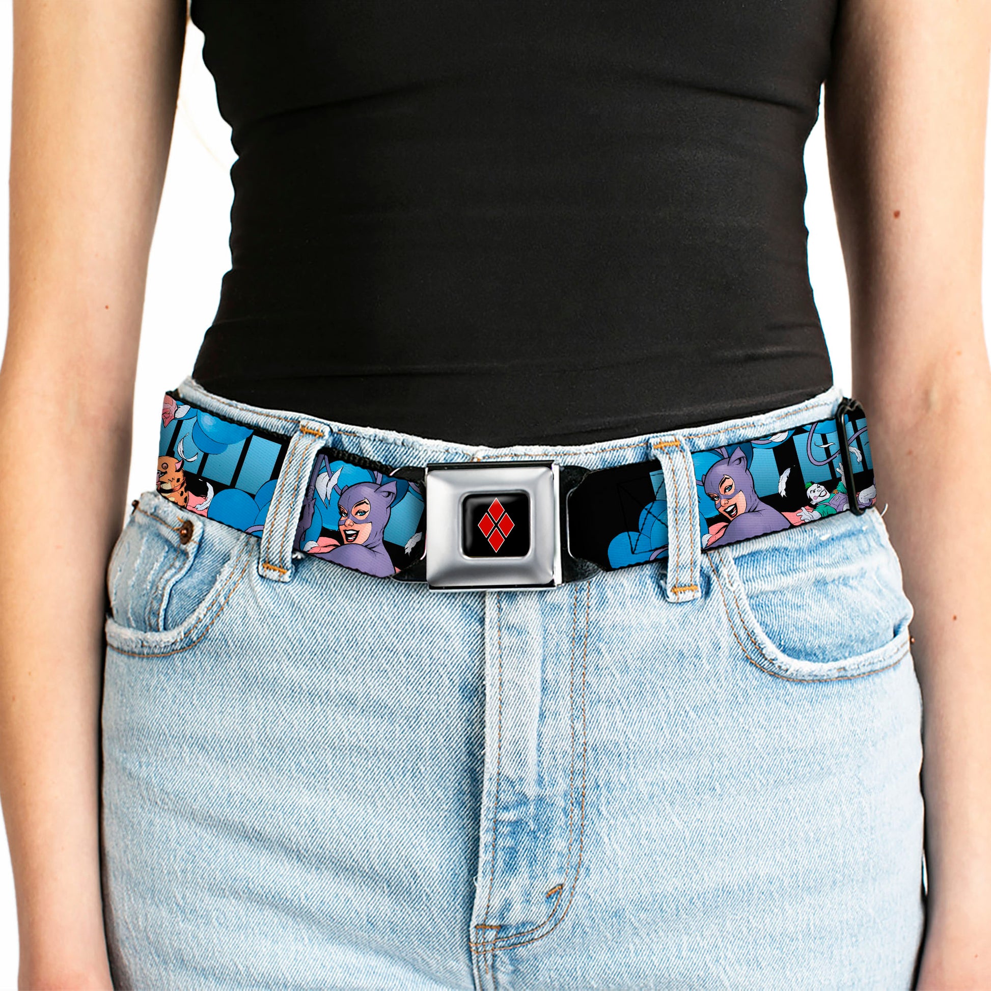 Harley Quinn Diamond Full Color Black Red Seatbelt Belt - Catwoman/Harley Quinn/Poison Ivy Pillow Fight Webbing Seatbelt Belts DC Comics