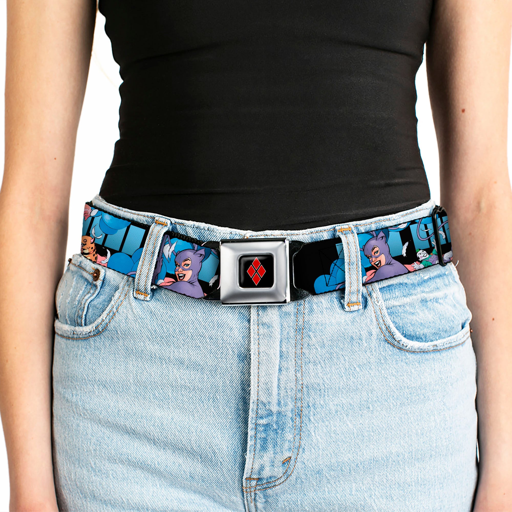 Harley Quinn Diamond Full Color Black Red Seatbelt Belt - Catwoman/Harley Quinn/Poison Ivy Pillow Fight Webbing Seatbelt Belts DC Comics
