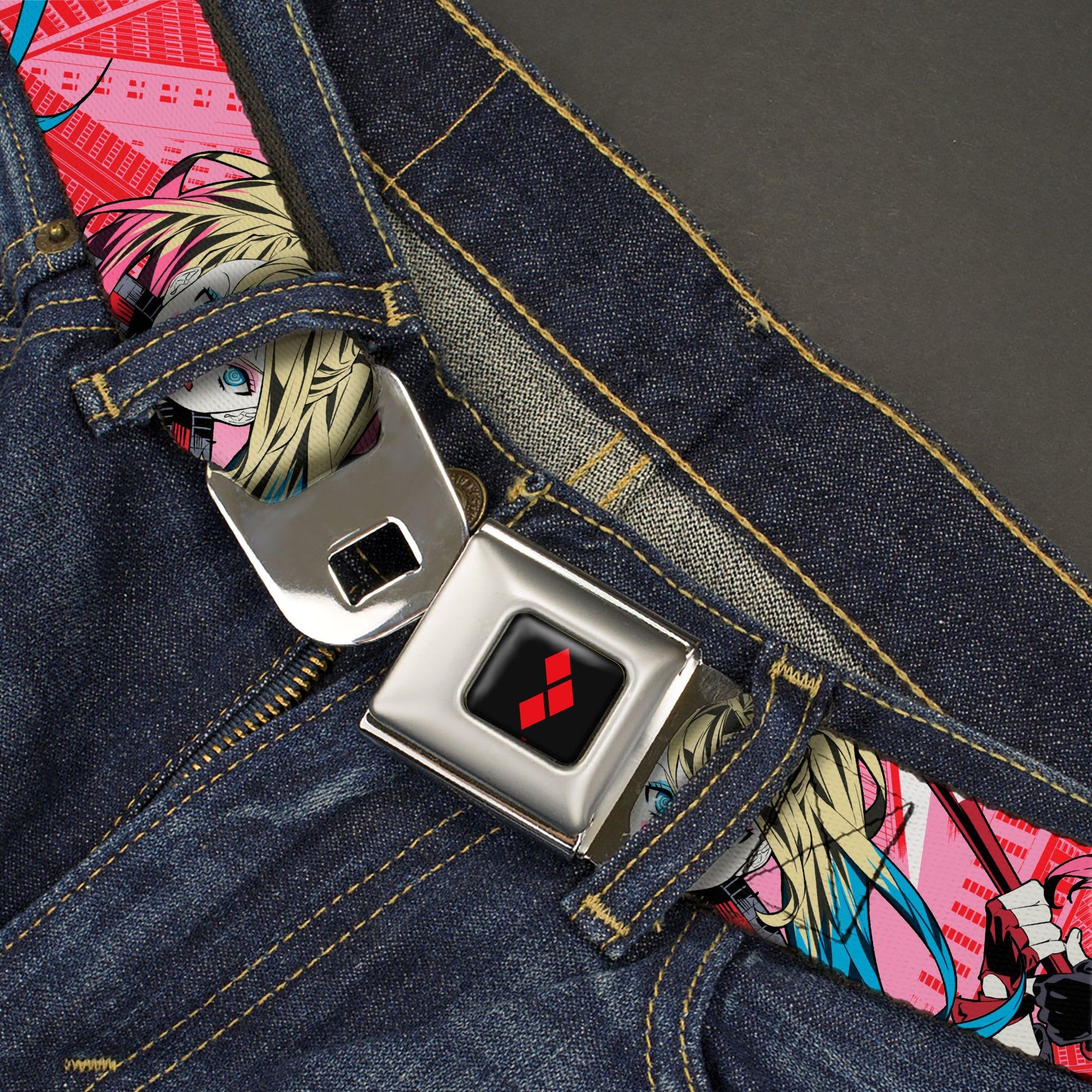 Harley Quinn Diamon Full Color Black/Red Seatbelt Belt - Harley Quinn Puddin Poses Anime Graphics Pink/Red Webbing Seatbelt Belts DC Comics