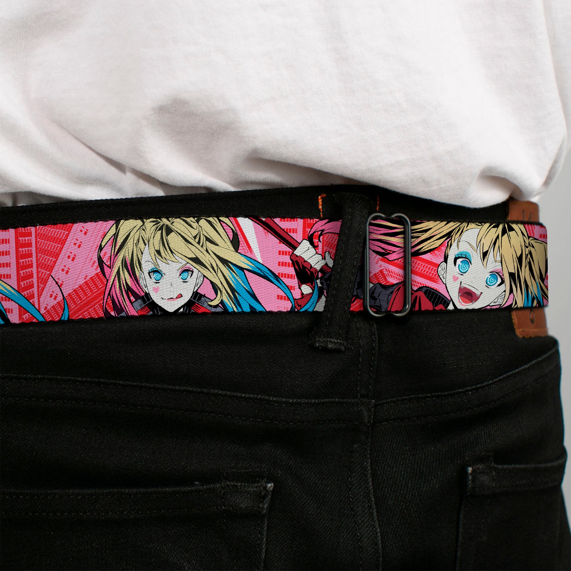 Harley Quinn Diamon Full Color Black/Red Seatbelt Belt - Harley Quinn Puddin Poses Anime Graphics Pink/Red Webbing Seatbelt Belts DC Comics