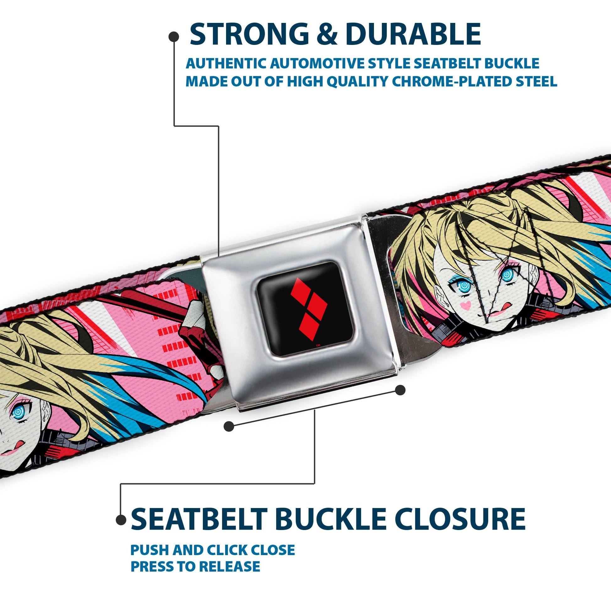 Harley Quinn Diamon Full Color Black/Red Seatbelt Belt - Harley Quinn Puddin Poses Anime Graphics Pink/Red Webbing Seatbelt Belts DC Comics