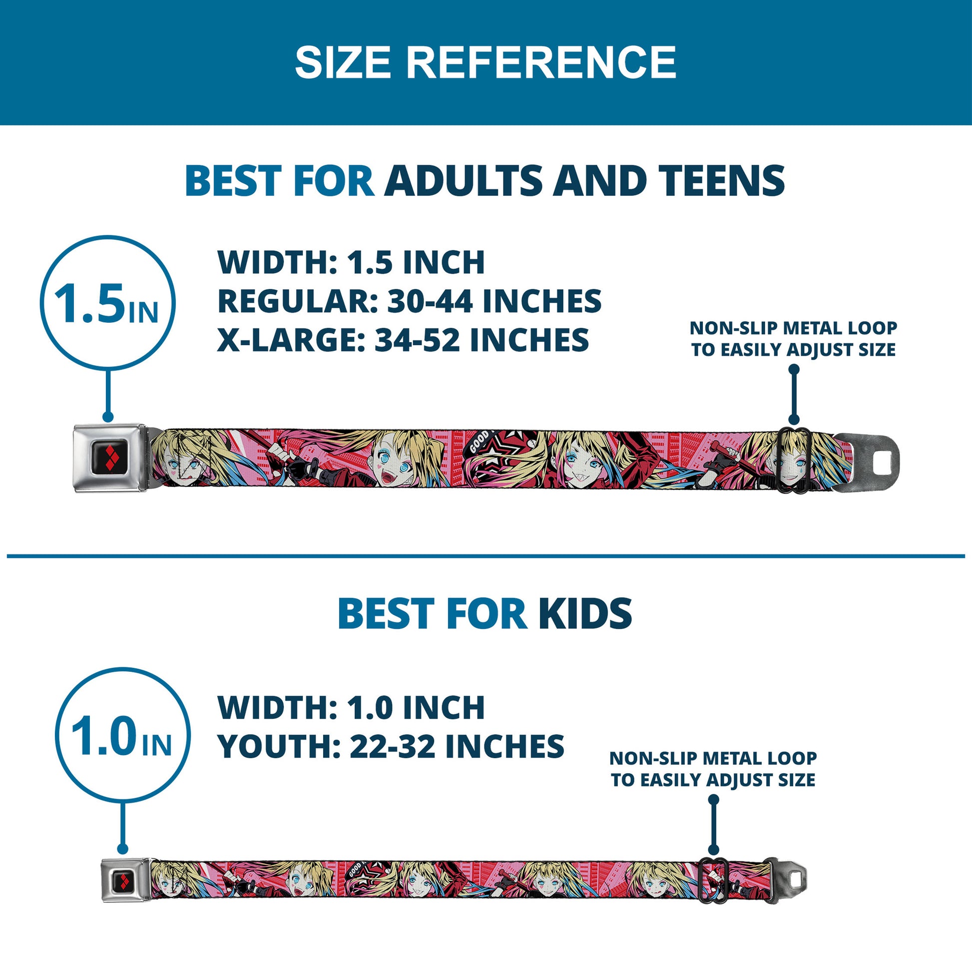 Harley Quinn Diamon Full Color Black/Red Seatbelt Belt - Harley Quinn Puddin Poses Anime Graphics Pink/Red Webbing Seatbelt Belts DC Comics