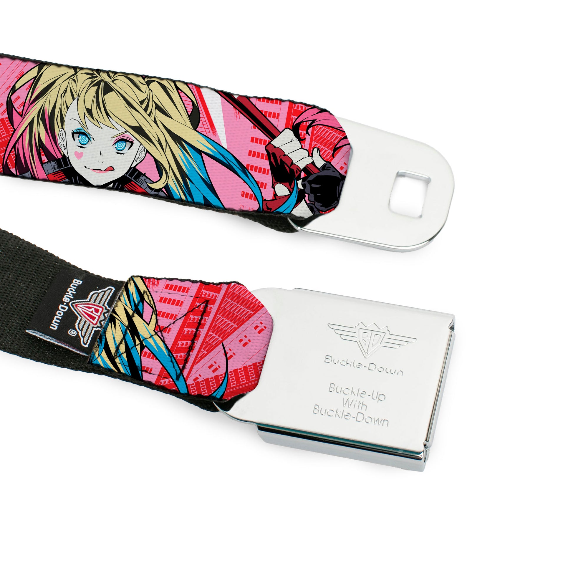 Harley Quinn Diamon Full Color Black/Red Seatbelt Belt - Harley Quinn Puddin Poses Anime Graphics Pink/Red Webbing Seatbelt Belts DC Comics