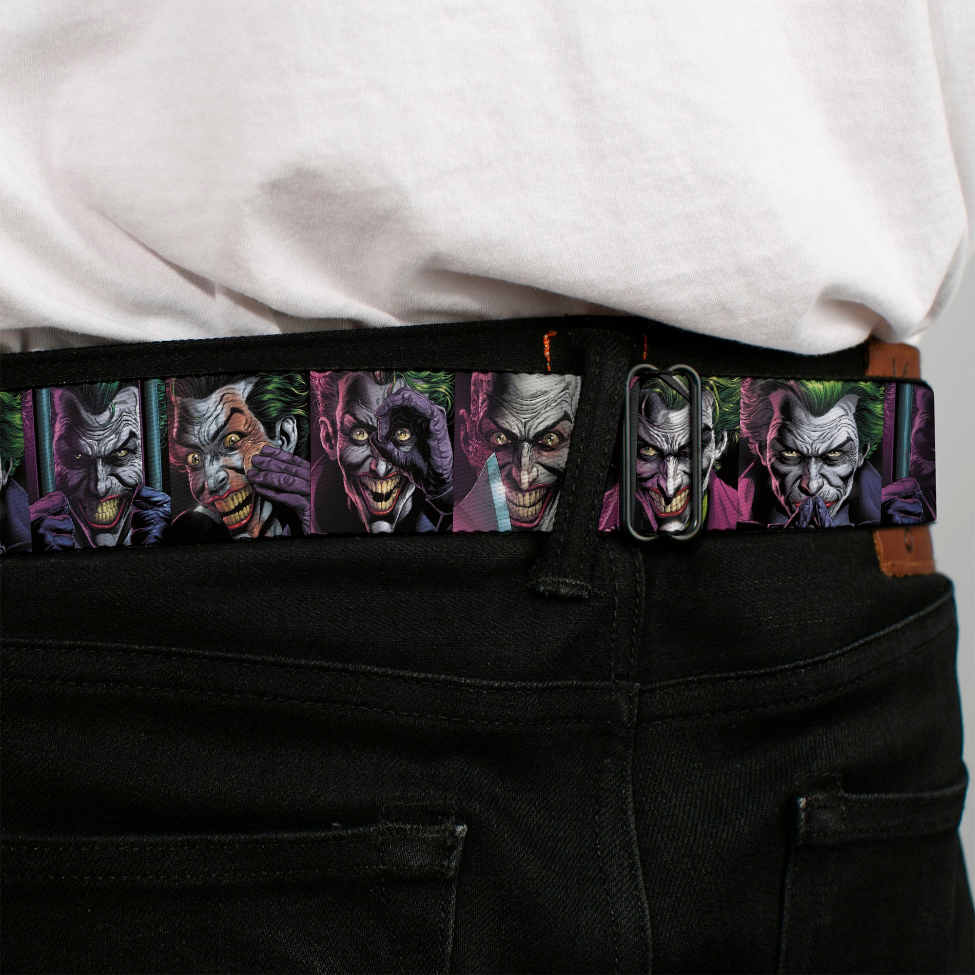 BATMAN THREE JOKERS Text Black/Purple Seatbelt Belt - Joker Comic Book Cover Face Blocks Webbing Seatbelt Belts DC Comics