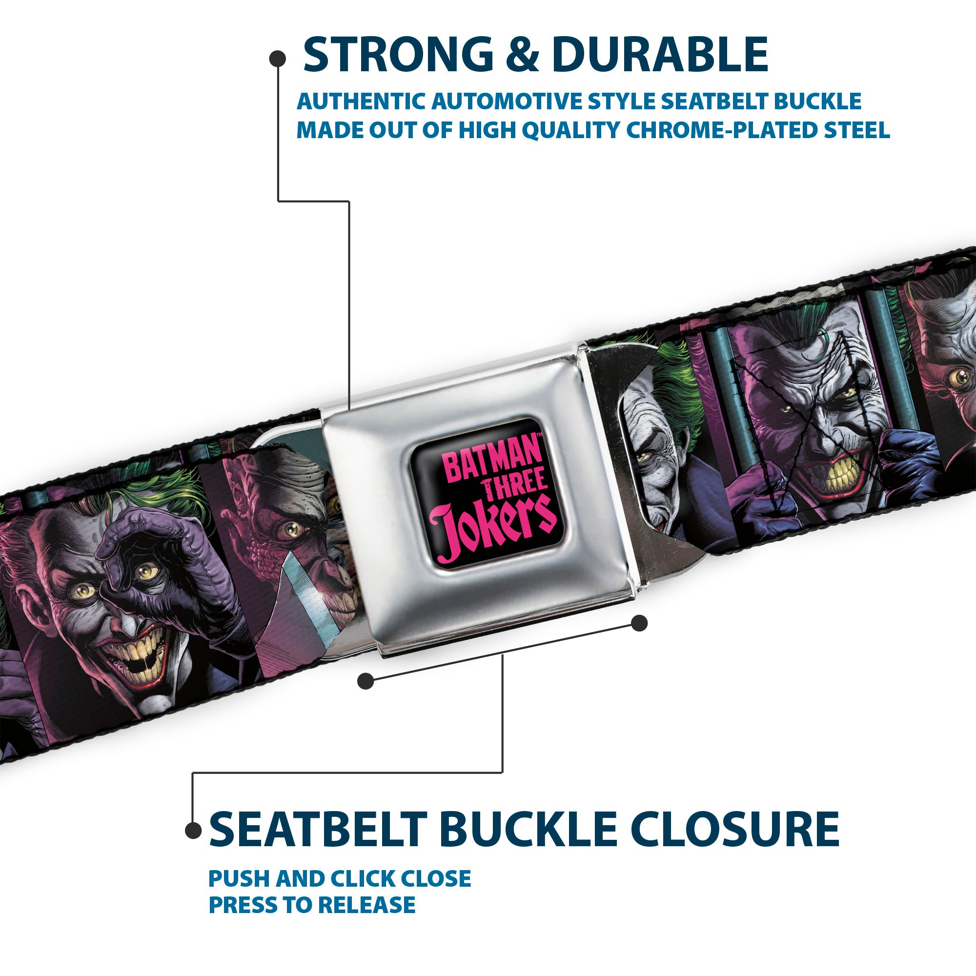 BATMAN THREE JOKERS Text Black/Purple Seatbelt Belt - Joker Comic Book Cover Face Blocks Webbing Seatbelt Belts DC Comics
