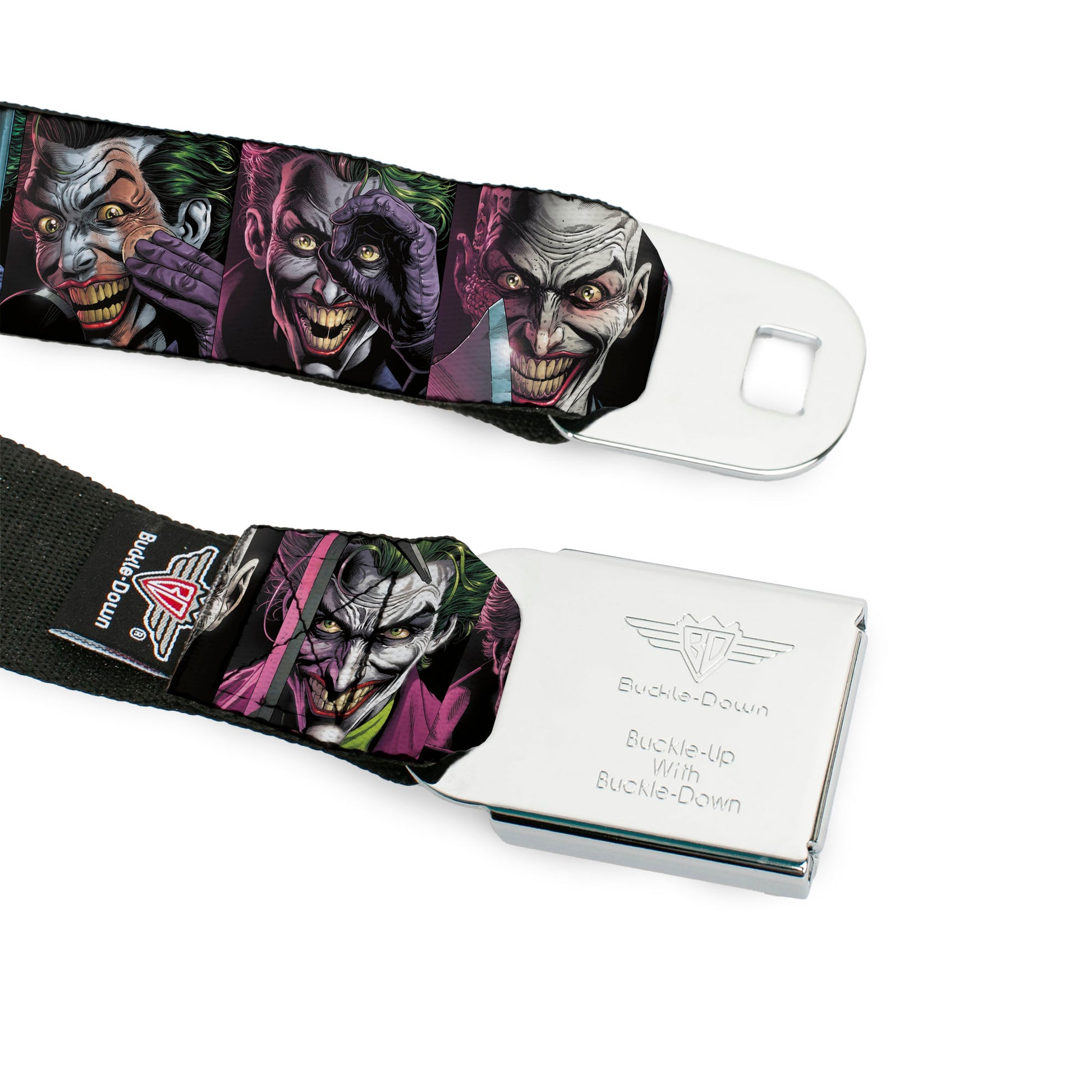 BATMAN THREE JOKERS Text Black/Purple Seatbelt Belt - Joker Comic Book Cover Face Blocks Webbing Seatbelt Belts DC Comics