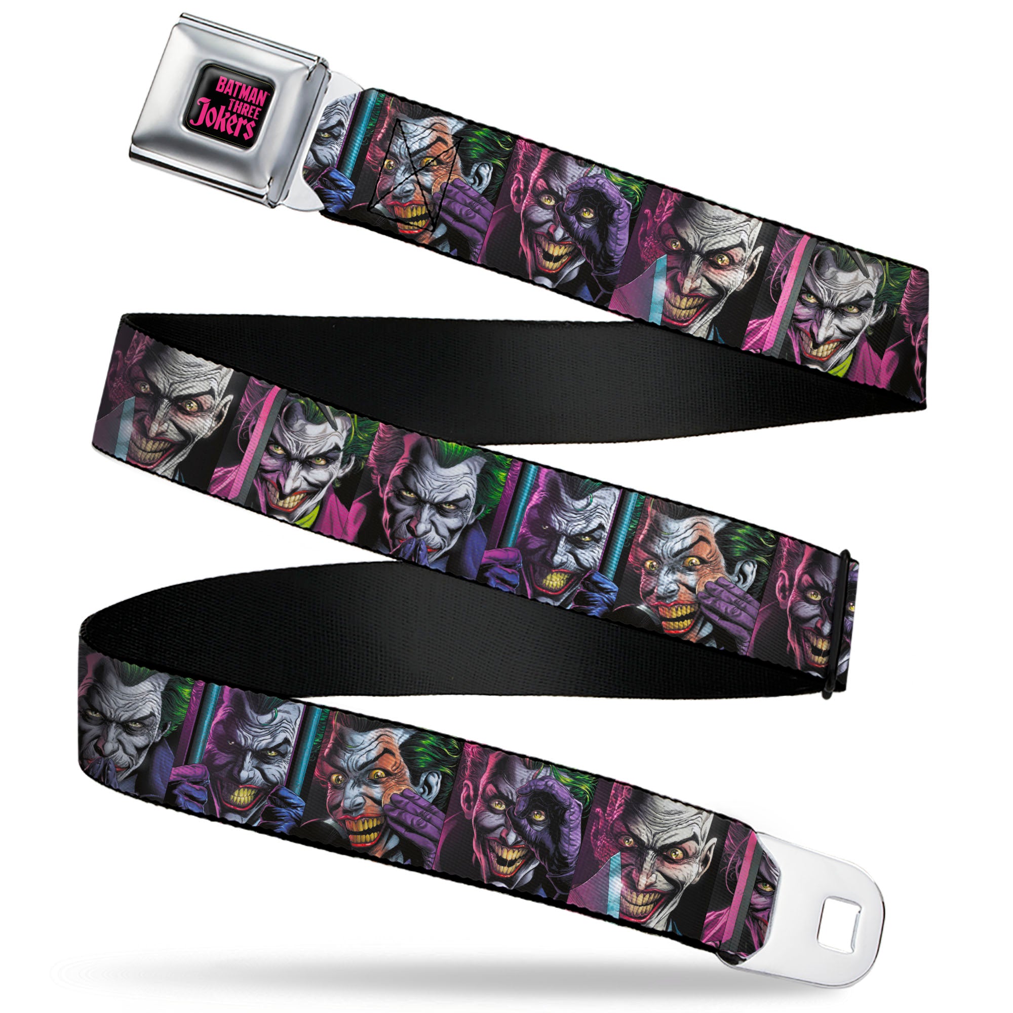 BATMAN THREE JOKERS Text Black/Purple Seatbelt Belt - Joker Comic Book Cover Face Blocks Webbing Seatbelt Belts DC Comics
