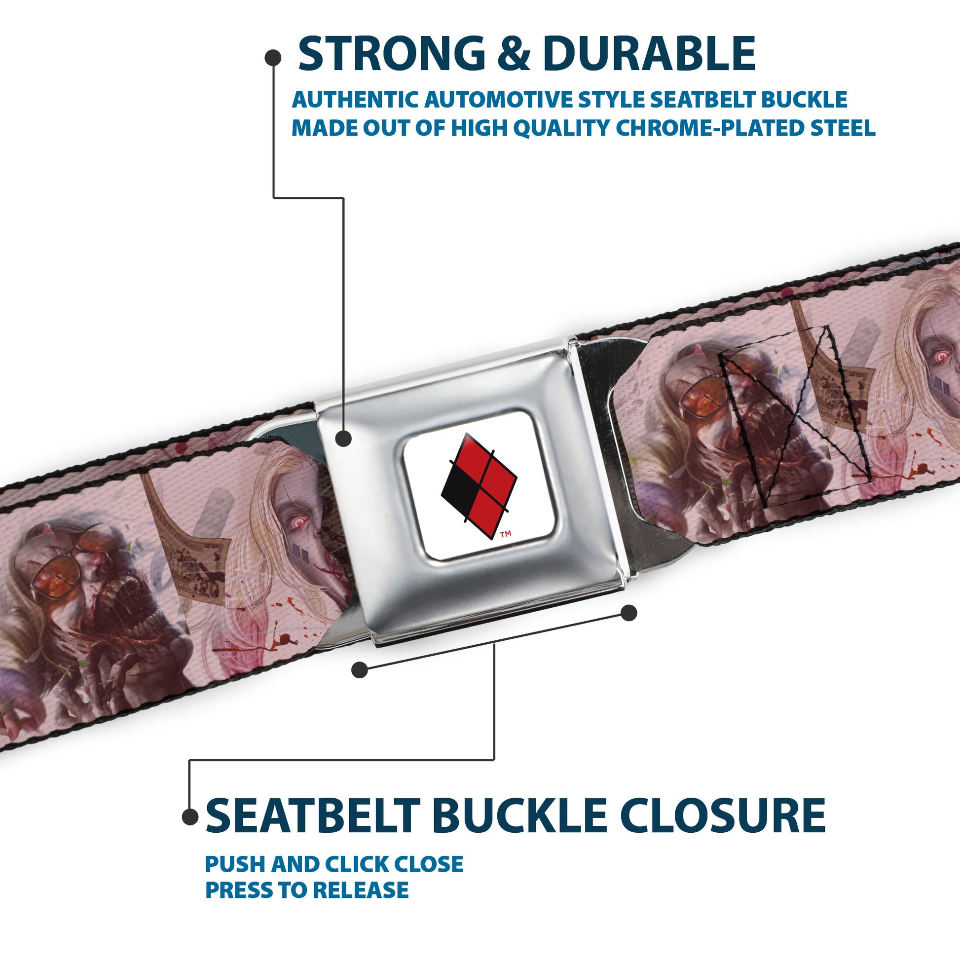 Harley Quinn Diamond Full Color White/Black/Red Seatbelt Belt - Harley Quinn Dceased Variant Cover Pose Blocks Webbing Seatbelt Belts DC Comics