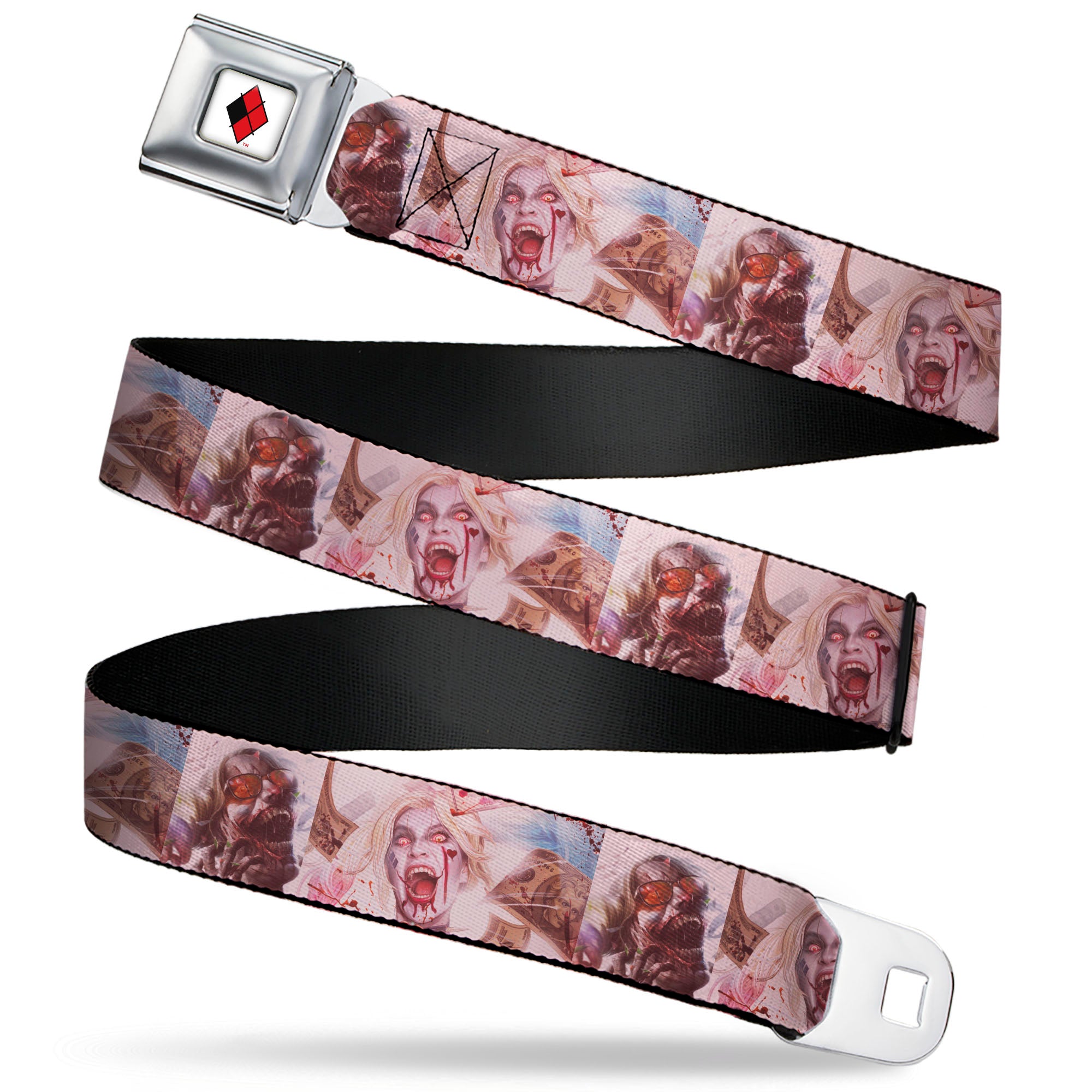 Harley Quinn Diamond Full Color White/Black/Red Seatbelt Belt - Harley Quinn Dceased Variant Cover Pose Blocks Webbing Seatbelt Belts DC Comics
