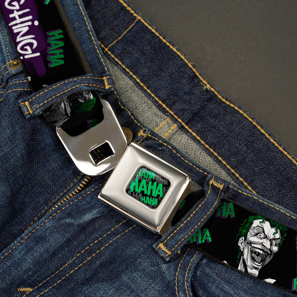 HAHA Stacked Full Color Black Gray Green Seatbelt Belt - Joker DIE LAUGHING! HAHA Black/Purple/Green Webbing Seatbelt Belts DC Comics