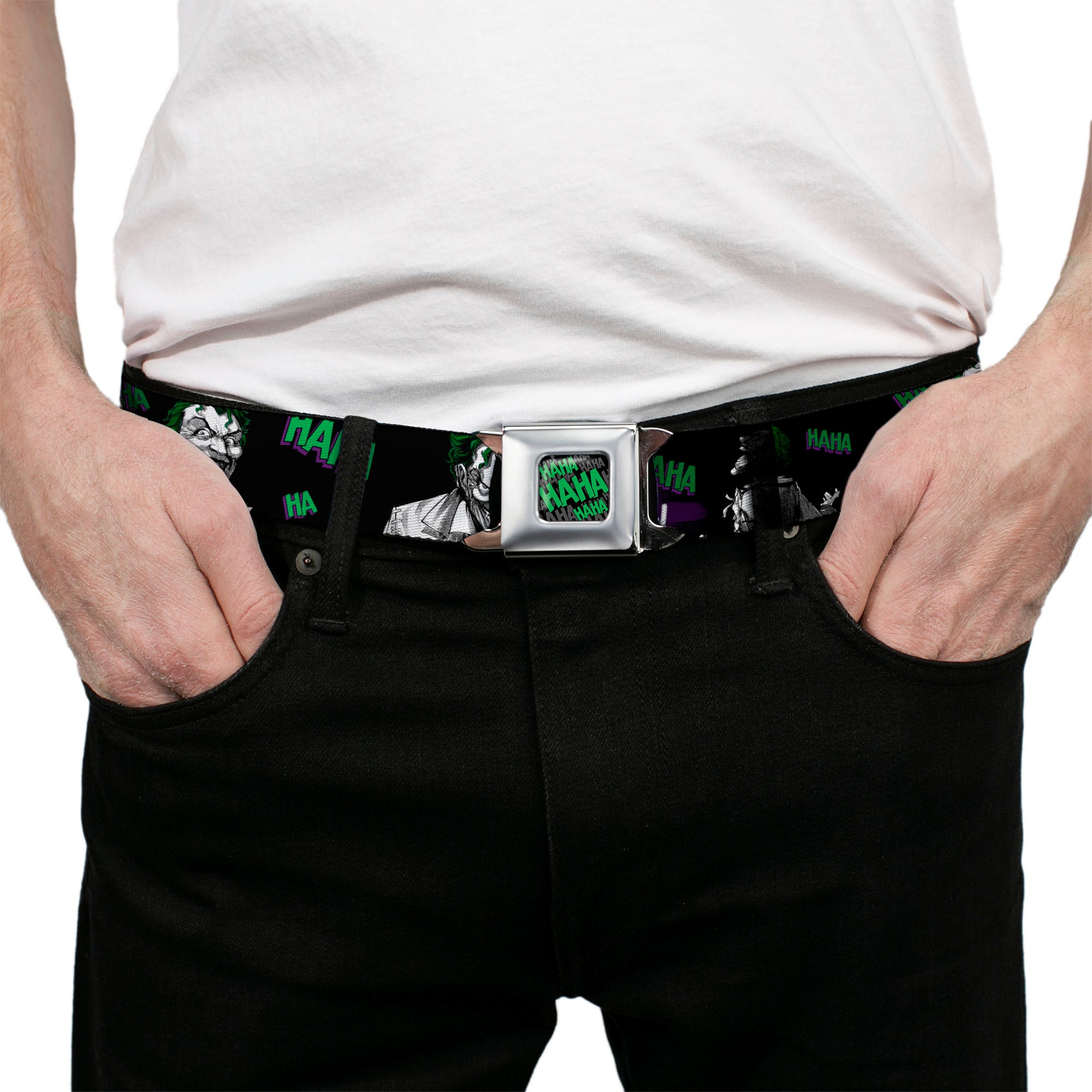HAHA Stacked Full Color Black Gray Green Seatbelt Belt - Joker DIE LAUGHING! HAHA Black/Purple/Green Webbing Seatbelt Belts DC Comics