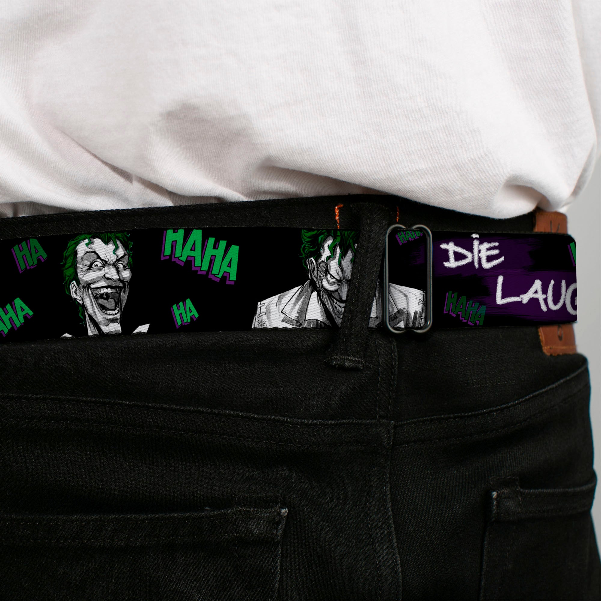 HAHA Stacked Full Color Black Gray Green Seatbelt Belt - Joker DIE LAUGHING! HAHA Black/Purple/Green Webbing Seatbelt Belts DC Comics
