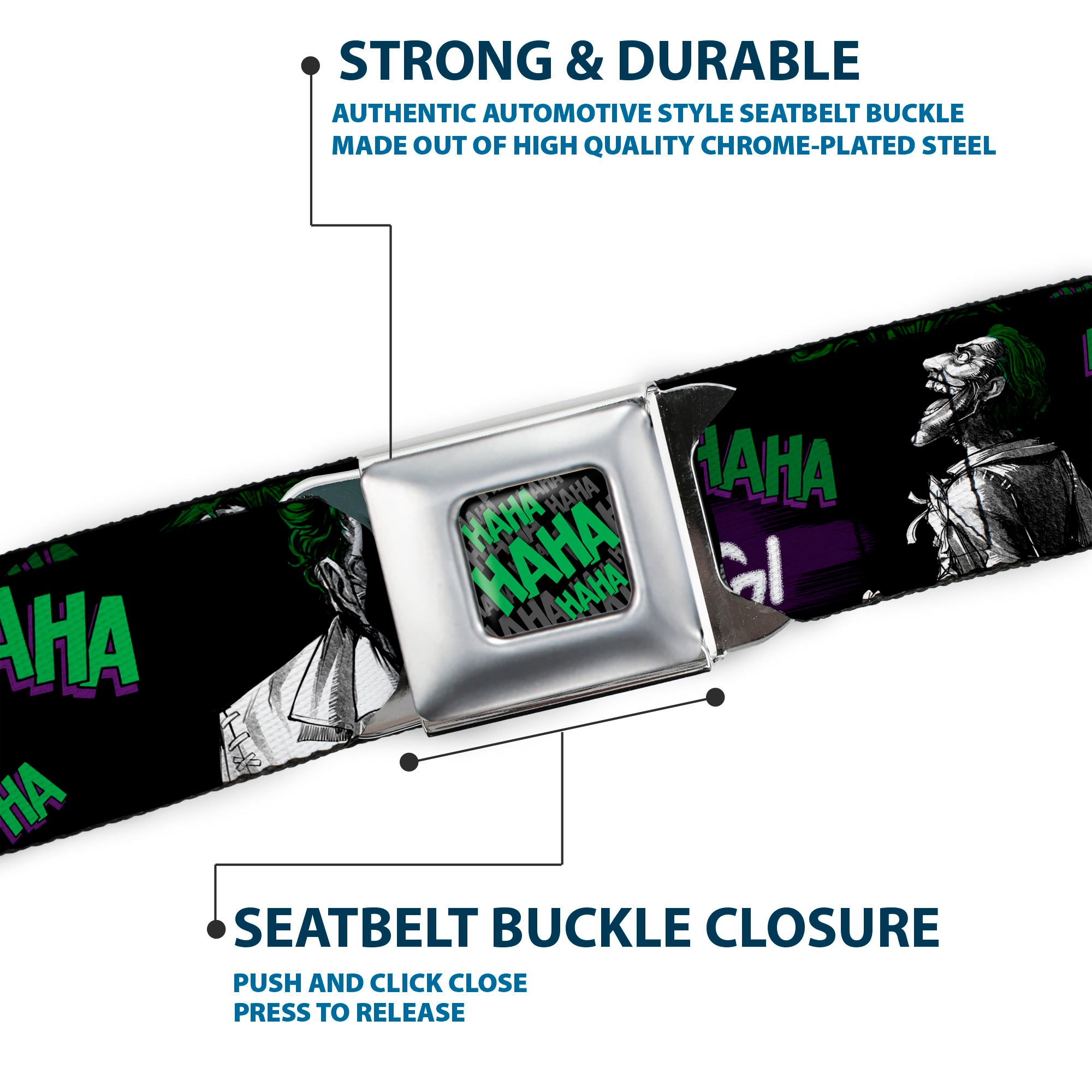 HAHA Stacked Full Color Black Gray Green Seatbelt Belt - Joker DIE LAUGHING! HAHA Black/Purple/Green Webbing Seatbelt Belts DC Comics