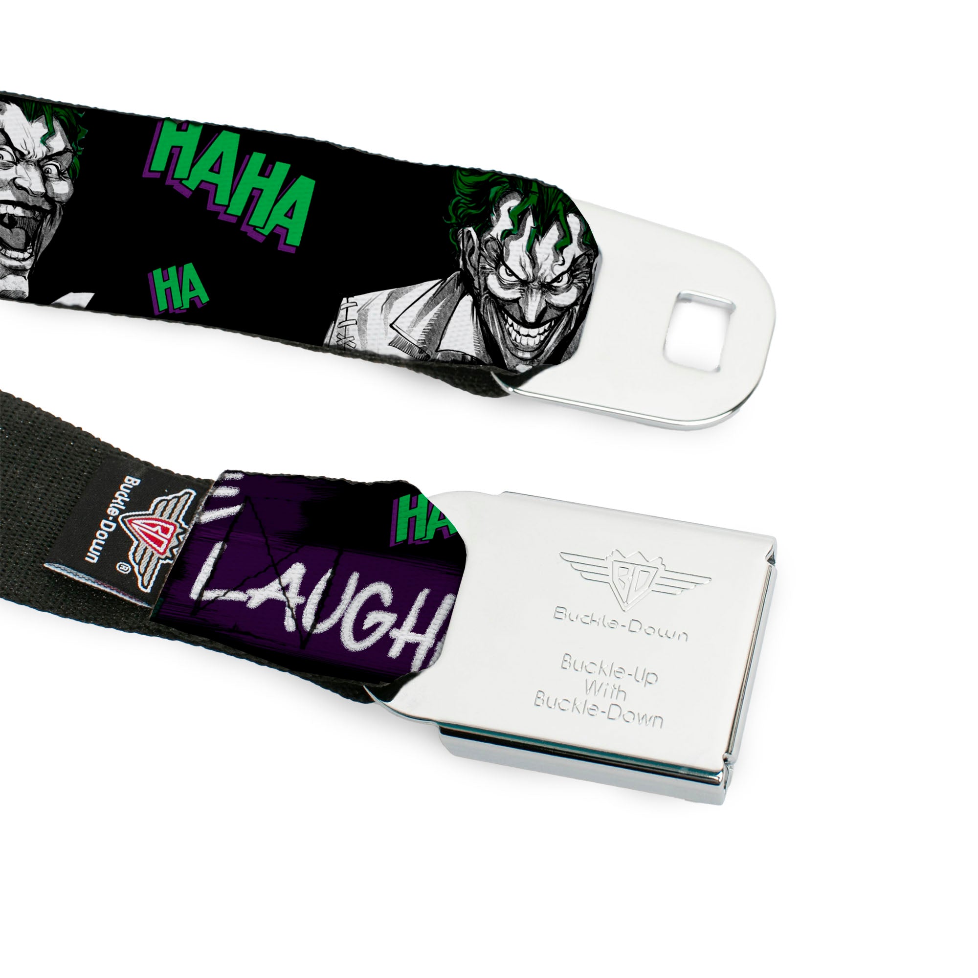 HAHA Stacked Full Color Black Gray Green Seatbelt Belt - Joker DIE LAUGHING! HAHA Black/Purple/Green Webbing Seatbelt Belts DC Comics