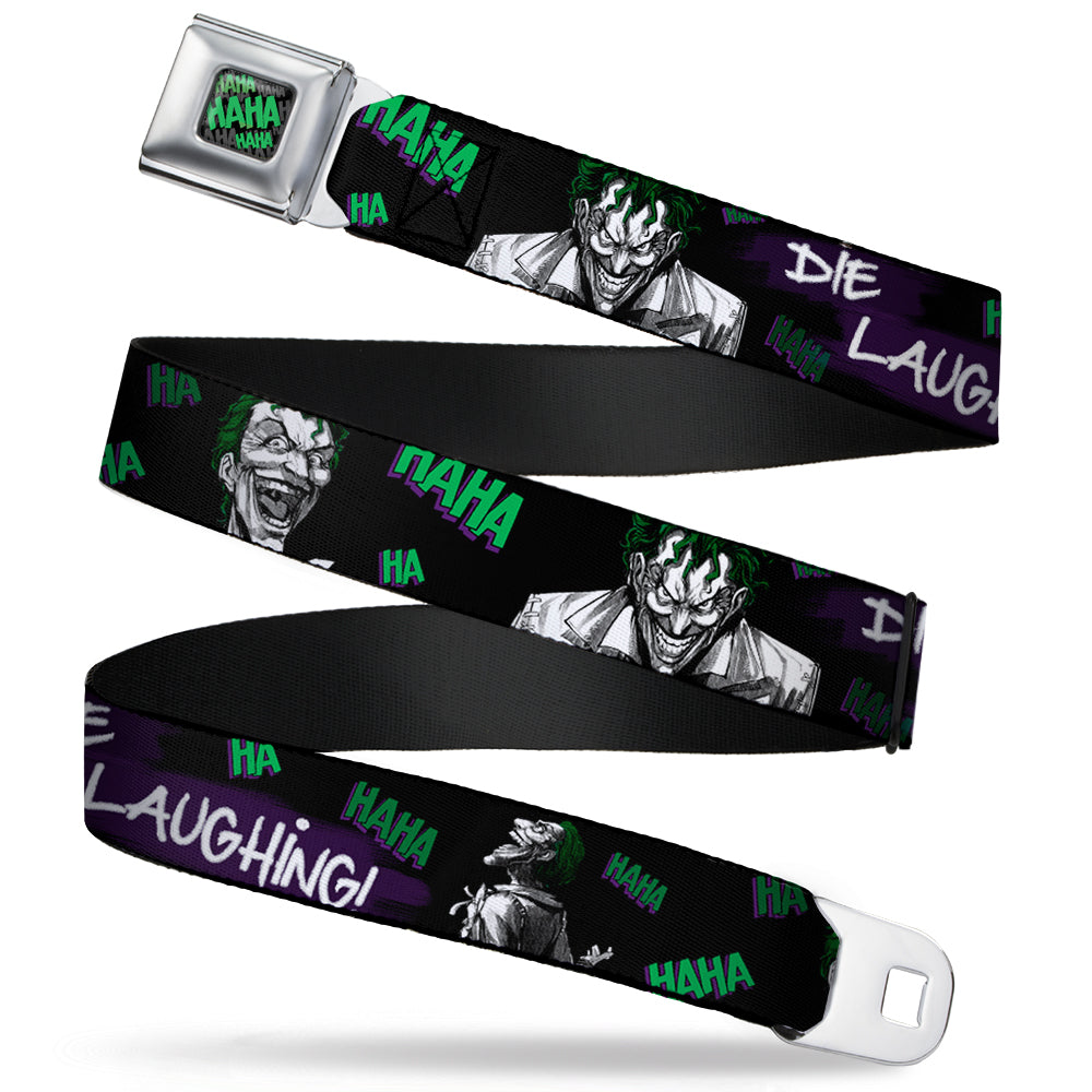 HAHA Stacked Full Color Black Gray Green Seatbelt Belt - Joker DIE LAUGHING! HAHA Black/Purple/Green Webbing Seatbelt Belts DC Comics