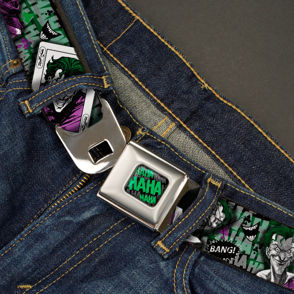 HAHA Stacked Full Color Black Gray Green Seatbelt Belt - The Joker 4-Poses/Joker Card HAHA/Smile/BANG! Grays/Greens/Purples Webbing Seatbelt Belts DC Comics