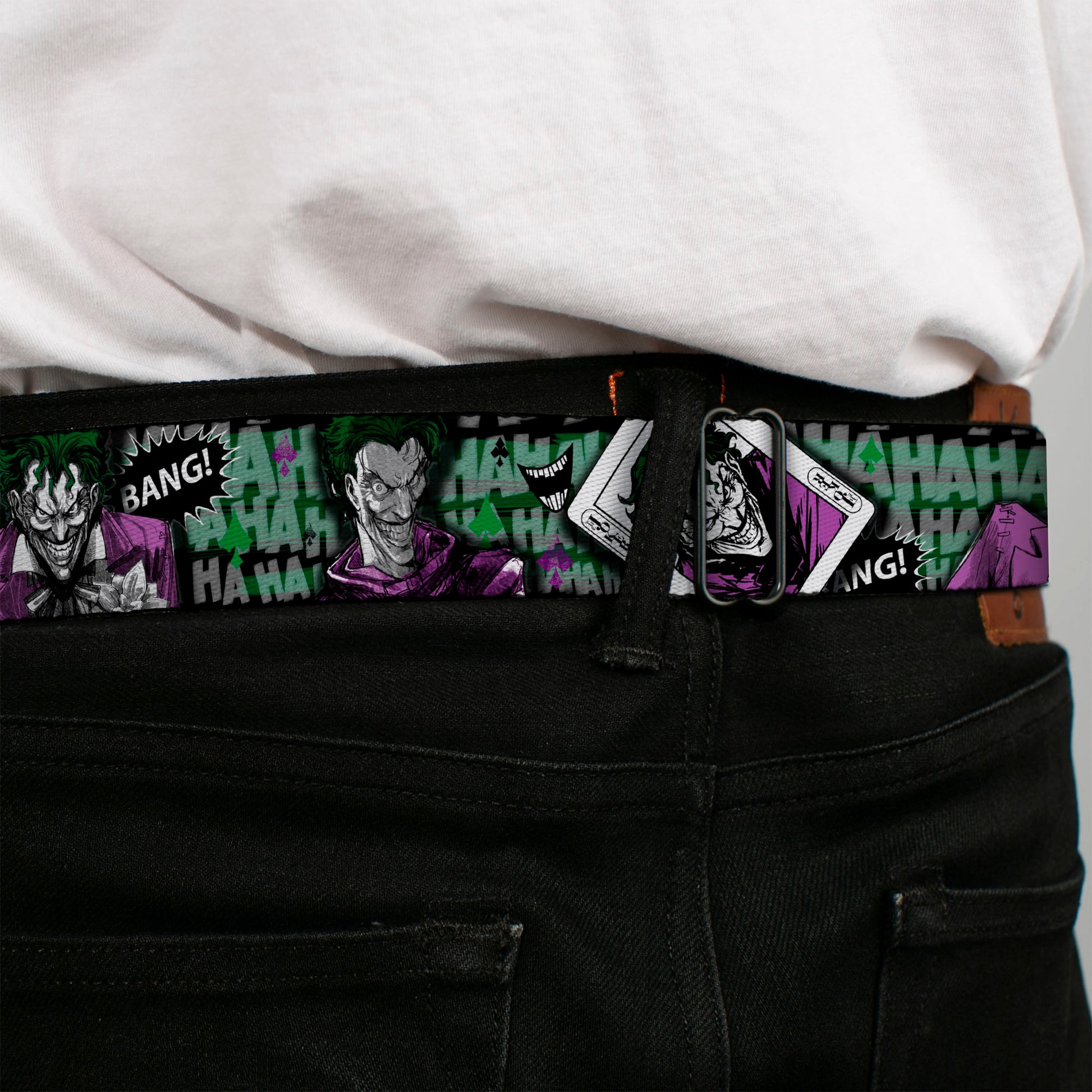 HAHA Stacked Full Color Black Gray Green Seatbelt Belt - The Joker 4-Poses/Joker Card HAHA/Smile/BANG! Grays/Greens/Purples Webbing Seatbelt Belts DC Comics
