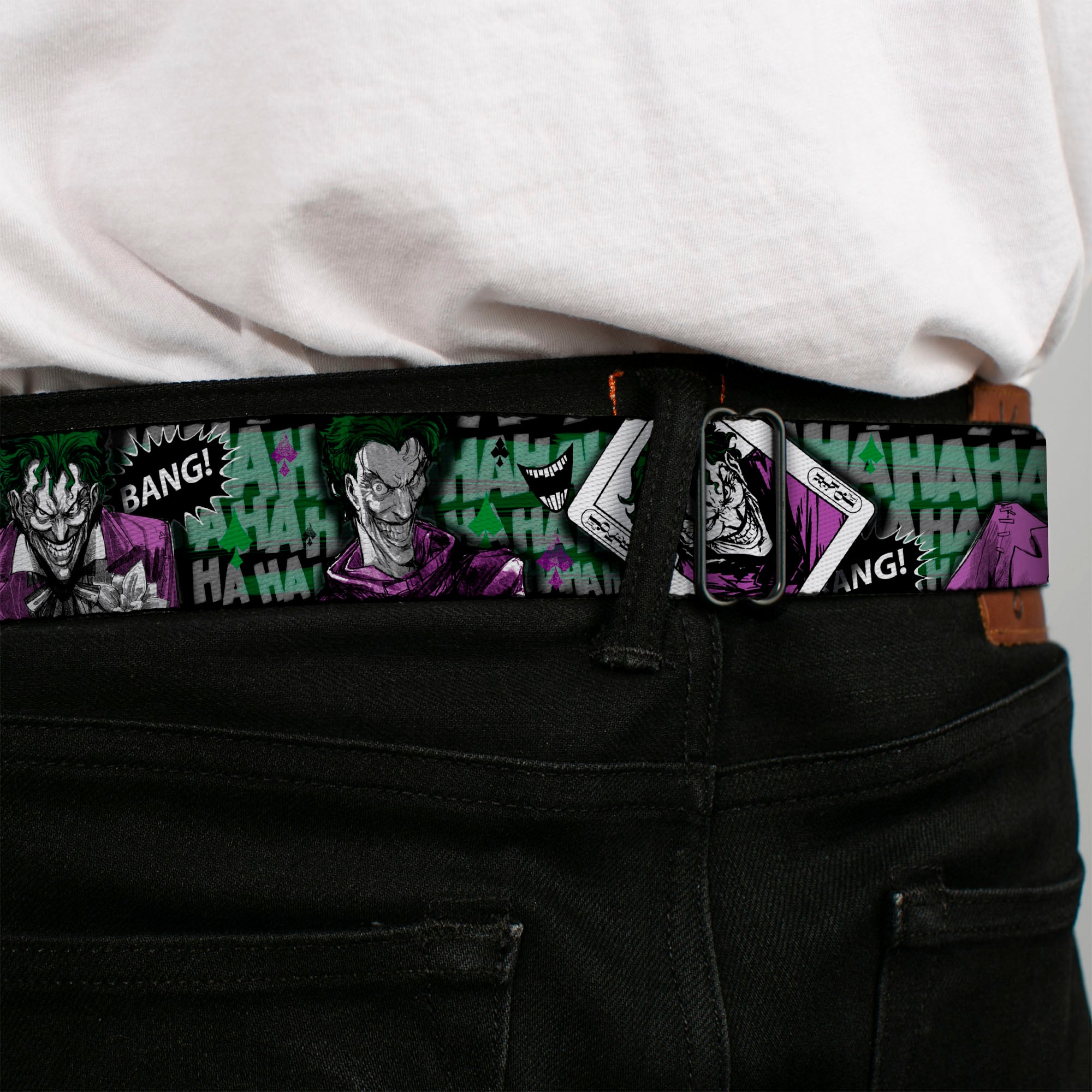 HAHA Stacked Full Color Black Gray Green Seatbelt Belt - The Joker 4-Poses/Joker Card HAHA/Smile/BANG! Grays/Greens/Purples Webbing Seatbelt Belts DC Comics