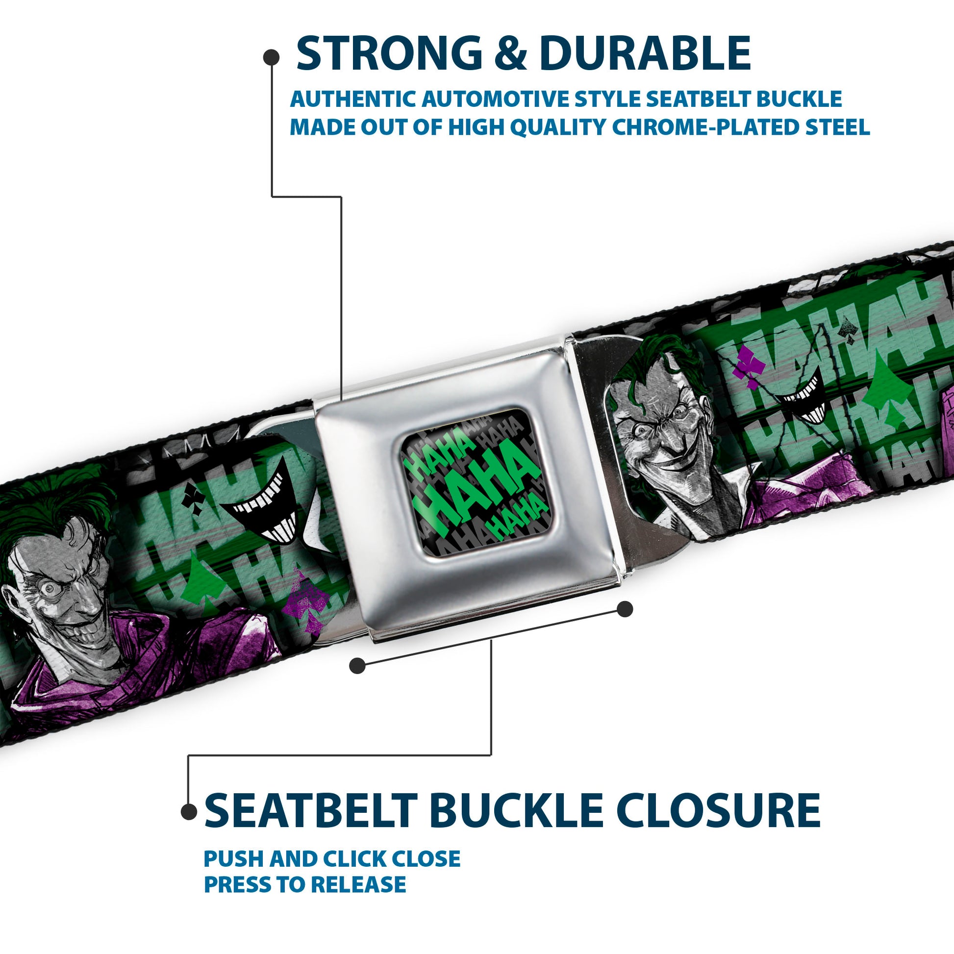 HAHA Stacked Full Color Black Gray Green Seatbelt Belt - The Joker 4-Poses/Joker Card HAHA/Smile/BANG! Grays/Greens/Purples Webbing Seatbelt Belts DC Comics