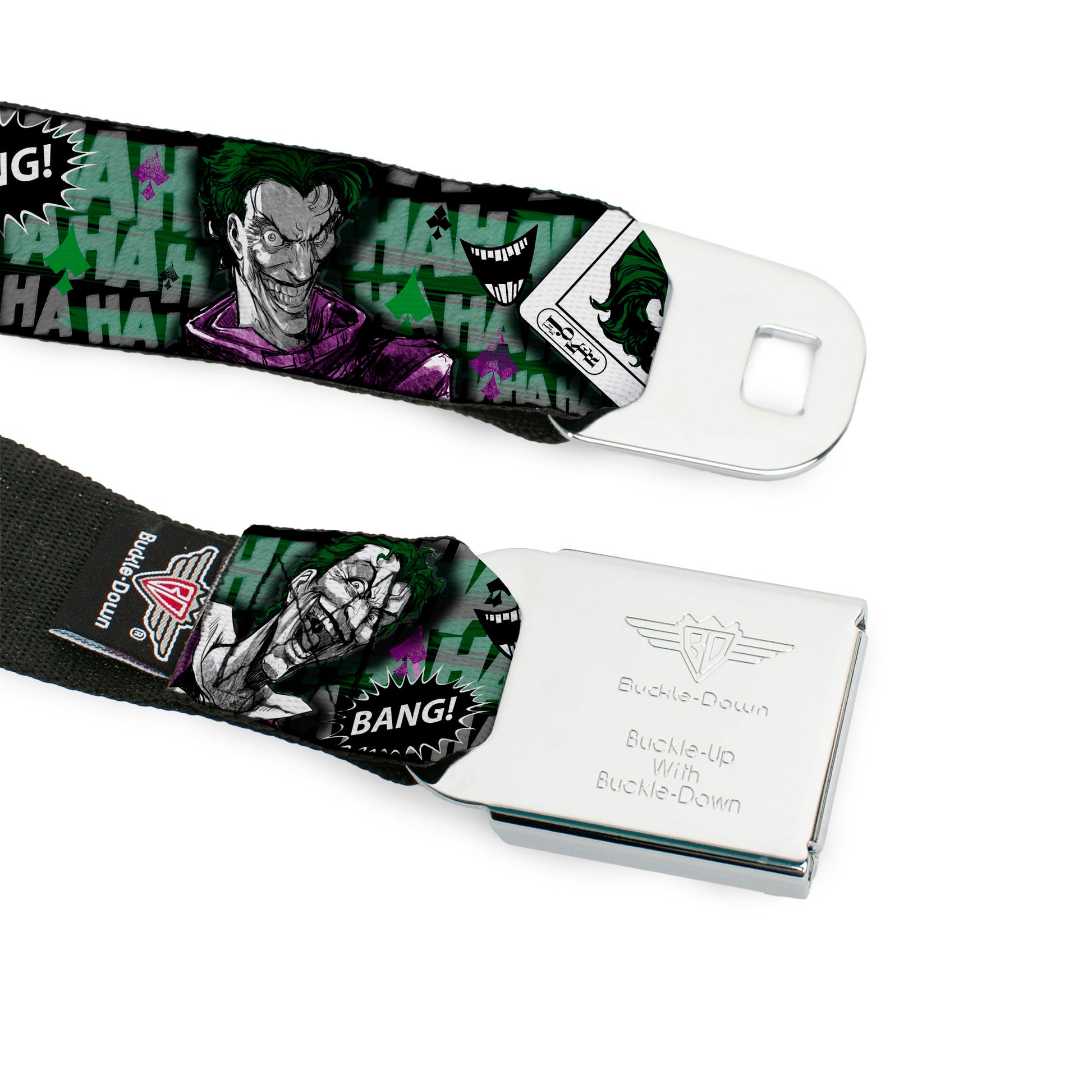 HAHA Stacked Full Color Black Gray Green Seatbelt Belt - The Joker 4-Poses/Joker Card HAHA/Smile/BANG! Grays/Greens/Purples Webbing Seatbelt Belts DC Comics