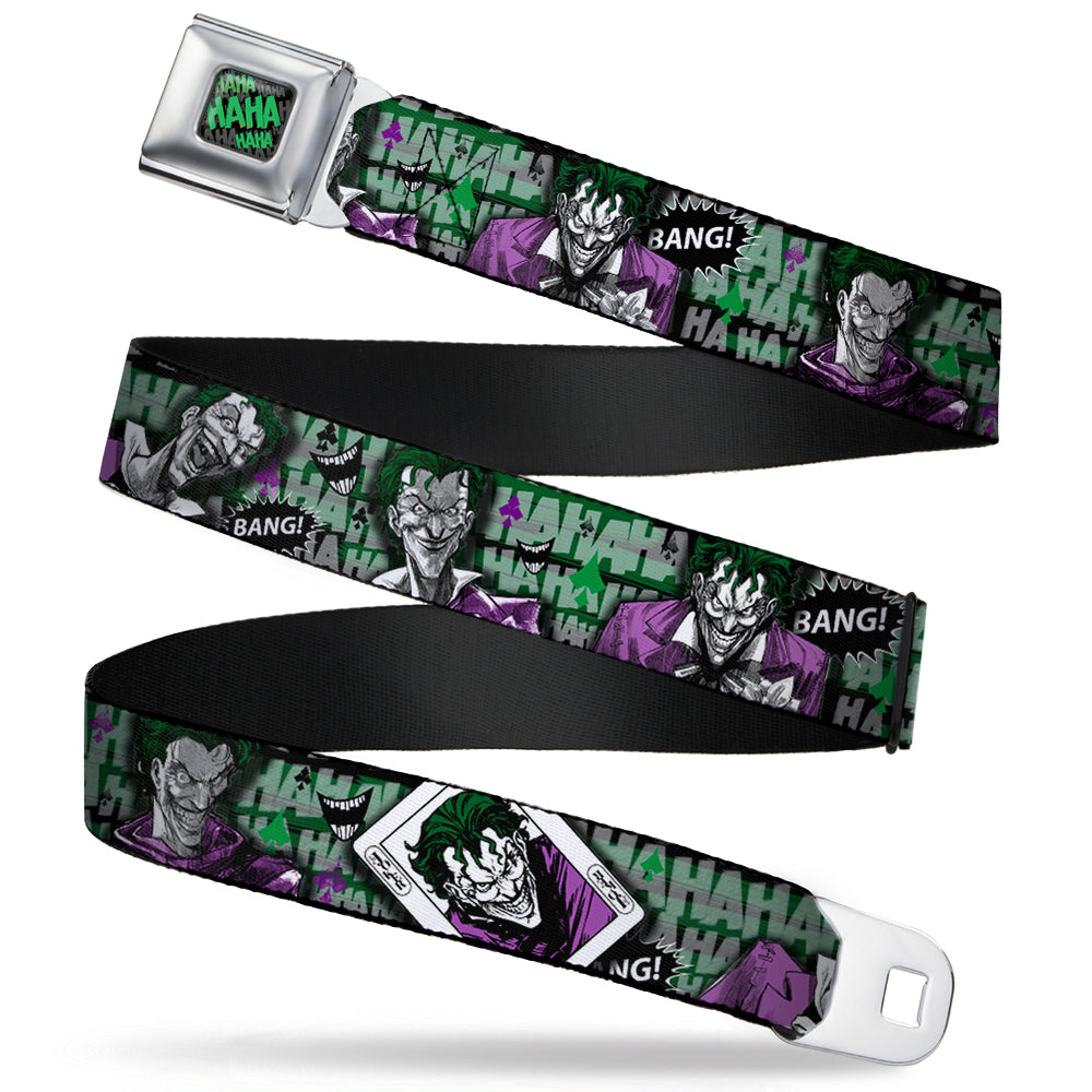 HAHA Stacked Full Color Black Gray Green Seatbelt Belt - The Joker 4-Poses/Joker Card HAHA/Smile/BANG! Grays/Greens/Purples Webbing Seatbelt Belts DC Comics
