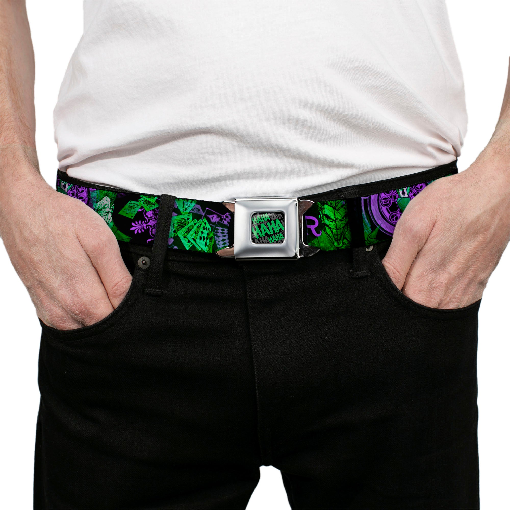 HAHA Stacked Full Color Black Gray Green Seatbelt Belt - THE JOKER Card Flipping Poses Black/Greens/Purples Webbing Seatbelt Belts DC Comics