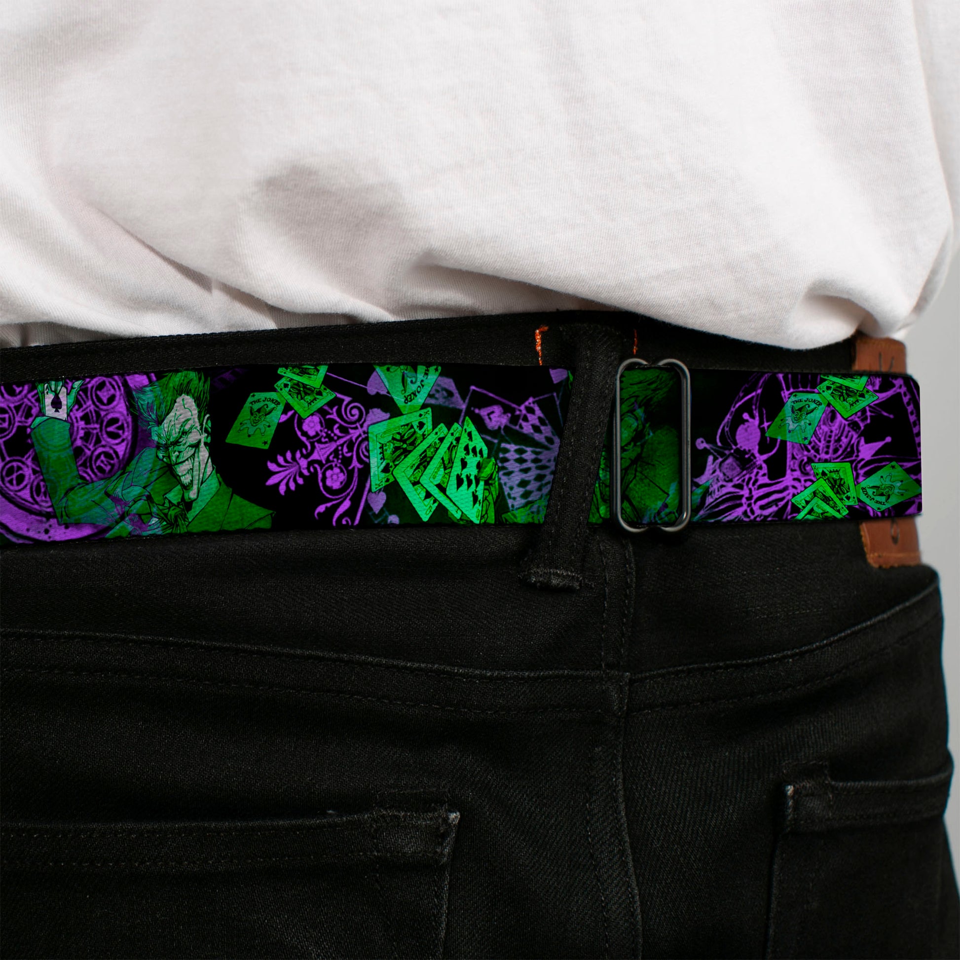 HAHA Stacked Full Color Black Gray Green Seatbelt Belt - THE JOKER Card Flipping Poses Black/Greens/Purples Webbing Seatbelt Belts DC Comics