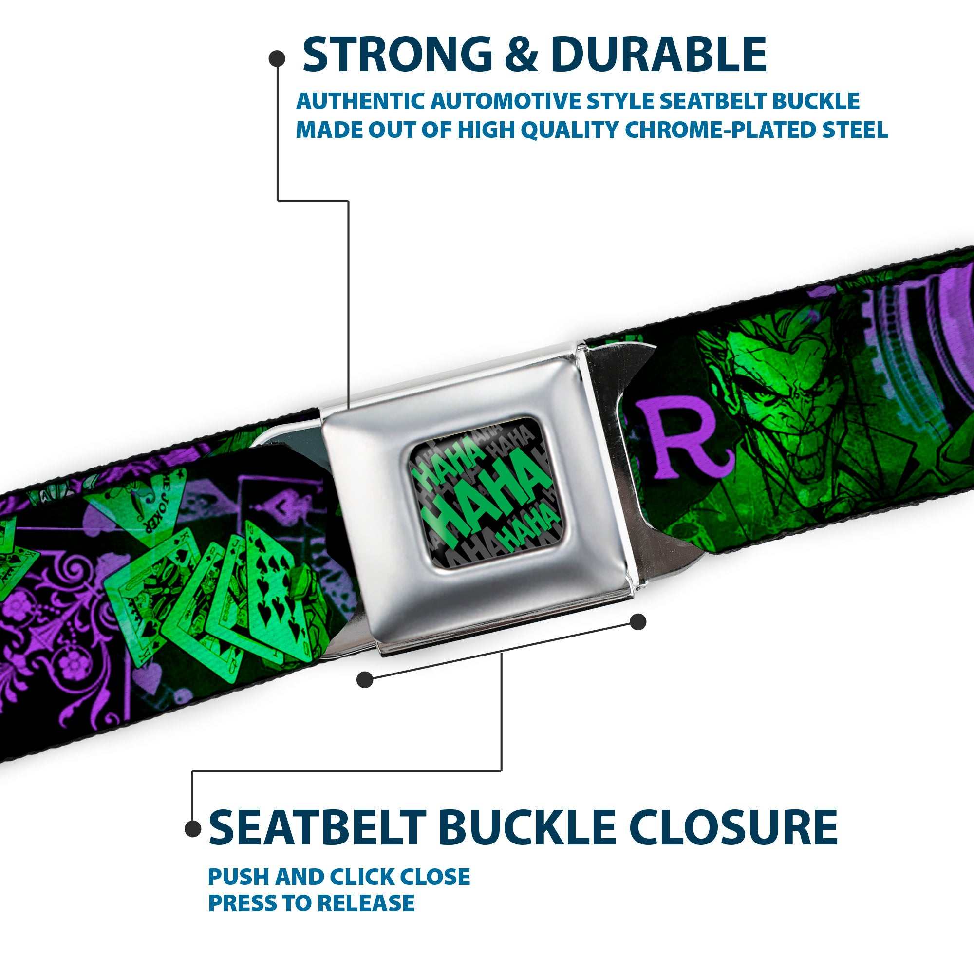 HAHA Stacked Full Color Black Gray Green Seatbelt Belt - THE JOKER Card Flipping Poses Black/Greens/Purples Webbing Seatbelt Belts DC Comics