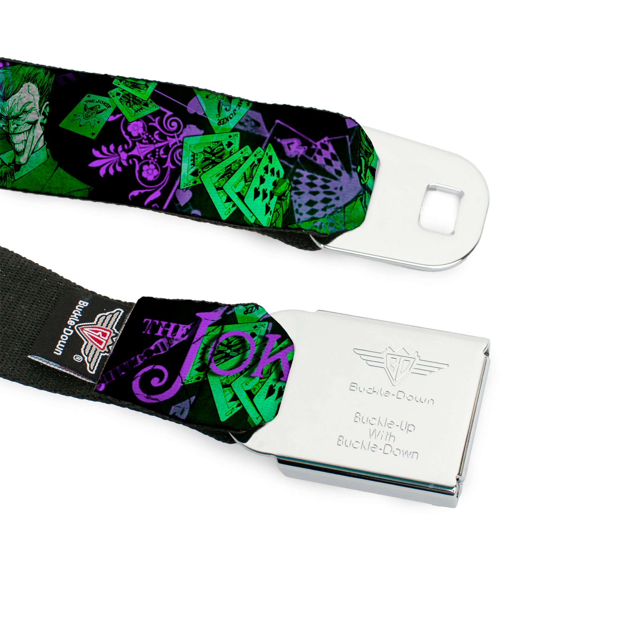 HAHA Stacked Full Color Black Gray Green Seatbelt Belt - THE JOKER Card Flipping Poses Black/Greens/Purples Webbing Seatbelt Belts DC Comics