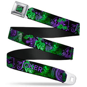 HAHA Stacked Full Color Black Gray Green Seatbelt Belt - THE JOKER Card Flipping Poses Black/Greens/Purples Webbing Seatbelt Belts DC Comics