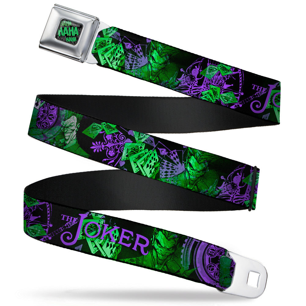 HAHA Stacked Full Color Black Gray Green Seatbelt Belt - THE JOKER Card Flipping Poses Black/Greens/Purples Webbing Seatbelt Belts DC Comics