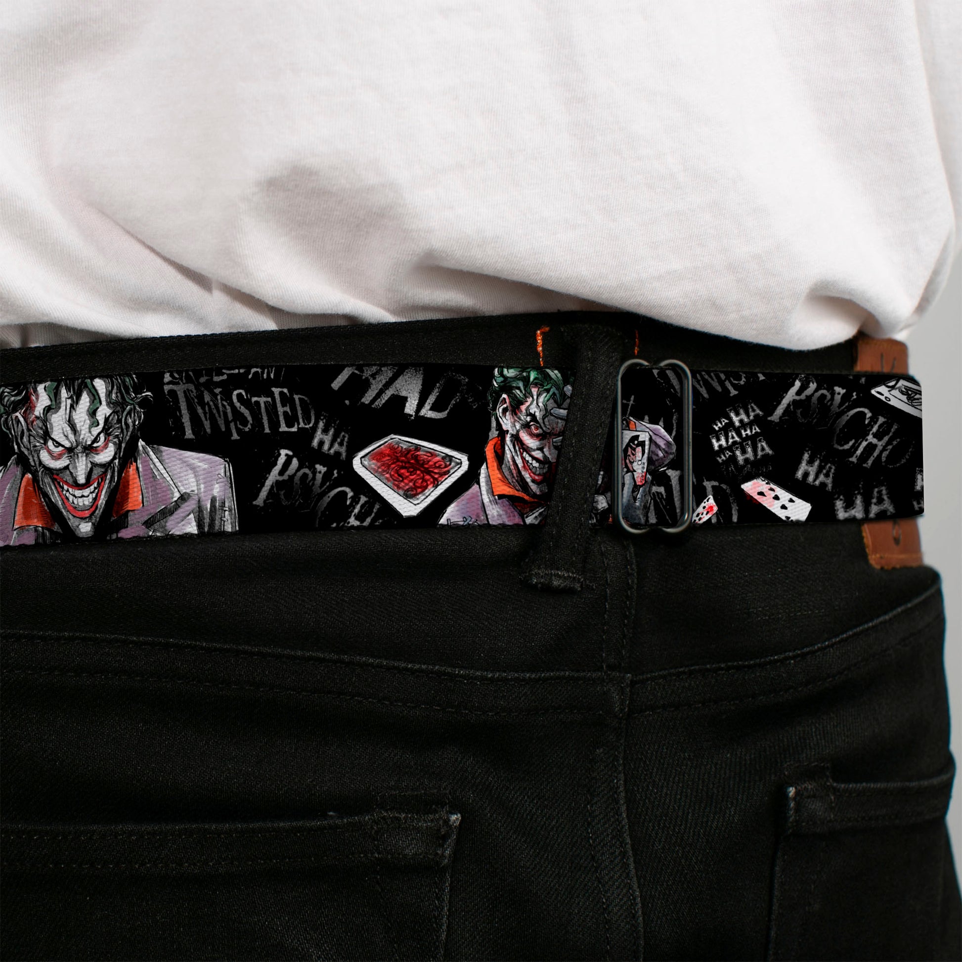 Joker Face Stare Full Color Seatbelt Belt - Joker BRILLIANTLY TWISTED PSYCHO 2-Poses/Cards Black/Grays Webbing Seatbelt Belts DC Comics