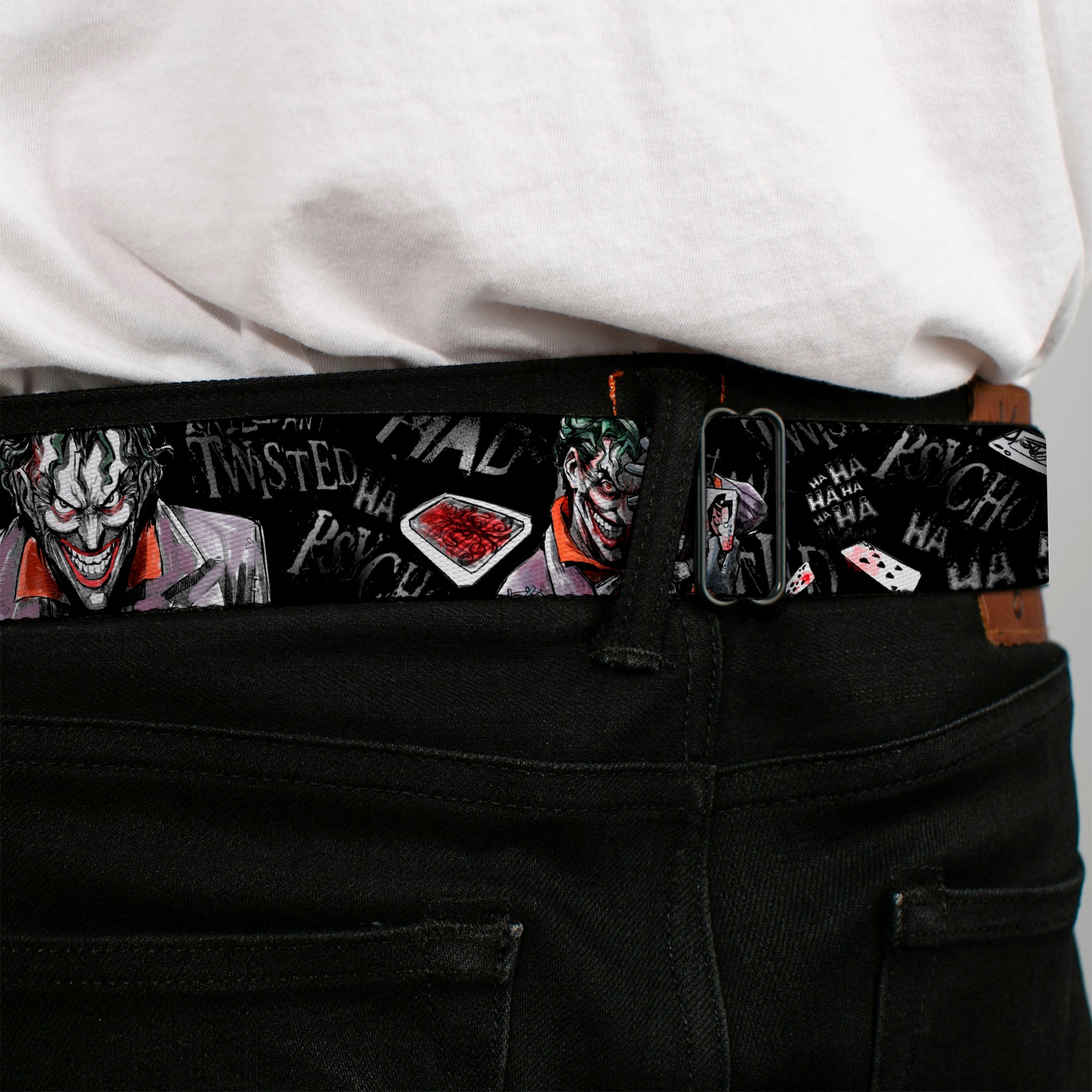 Joker Face Stare Full Color Seatbelt Belt - Joker BRILLIANTLY TWISTED PSYCHO 2-Poses/Cards Black/Grays Webbing Seatbelt Belts DC Comics