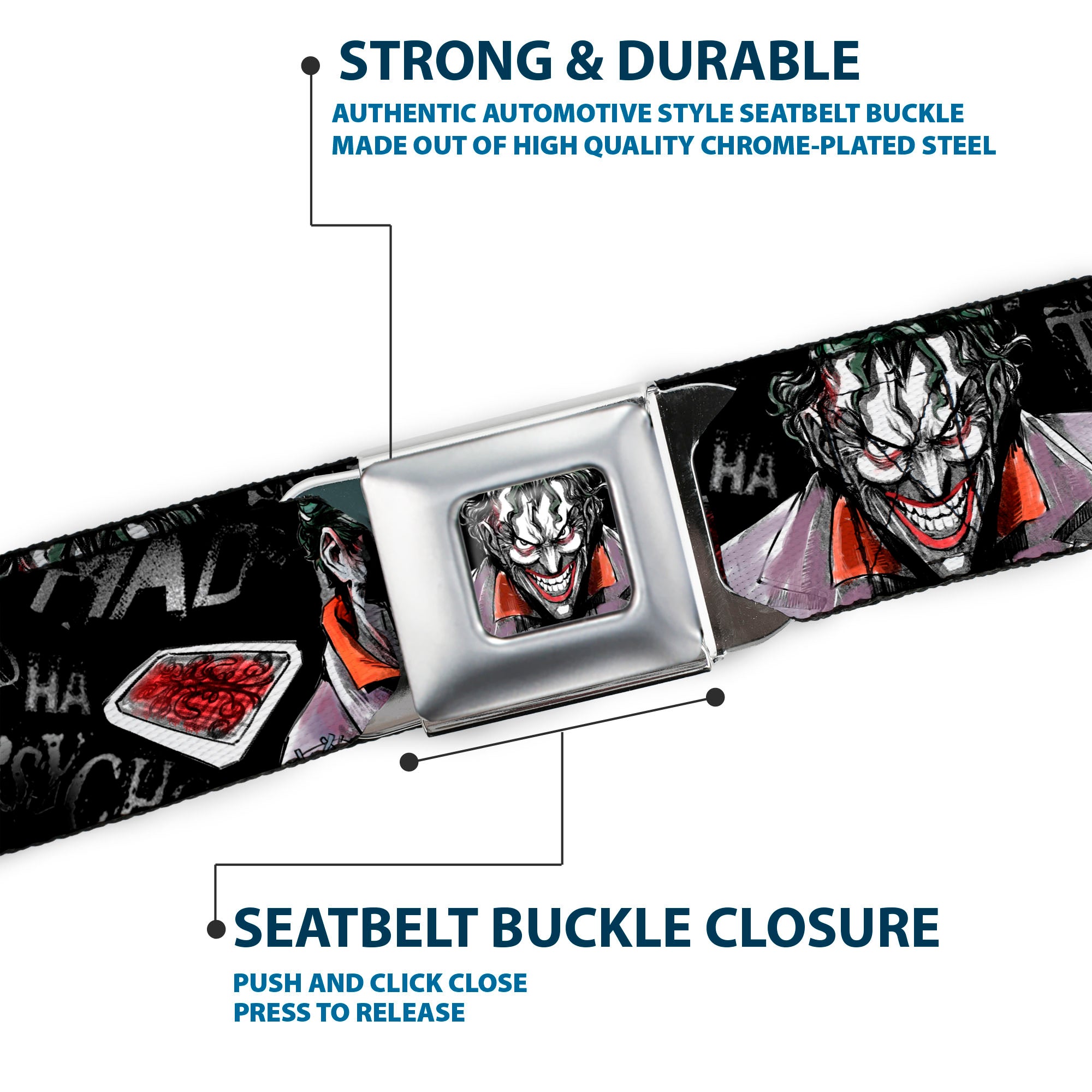 Joker Face Stare Full Color Seatbelt Belt - Joker BRILLIANTLY TWISTED PSYCHO 2-Poses/Cards Black/Grays Webbing Seatbelt Belts DC Comics