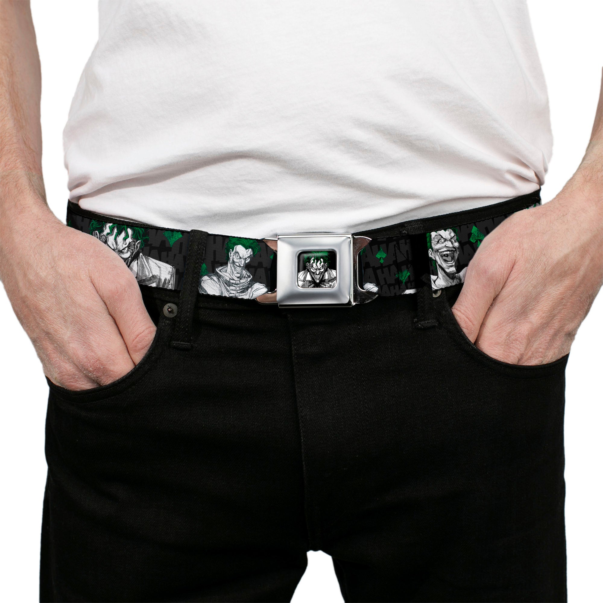 Joker Stare Full Color Black White Grays Green Seatbelt Belt - The Joker 4-Laughing Expressions/Suits/HAHAHA Black/Gray/Greens Webbing Seatbelt Belts DC Comics