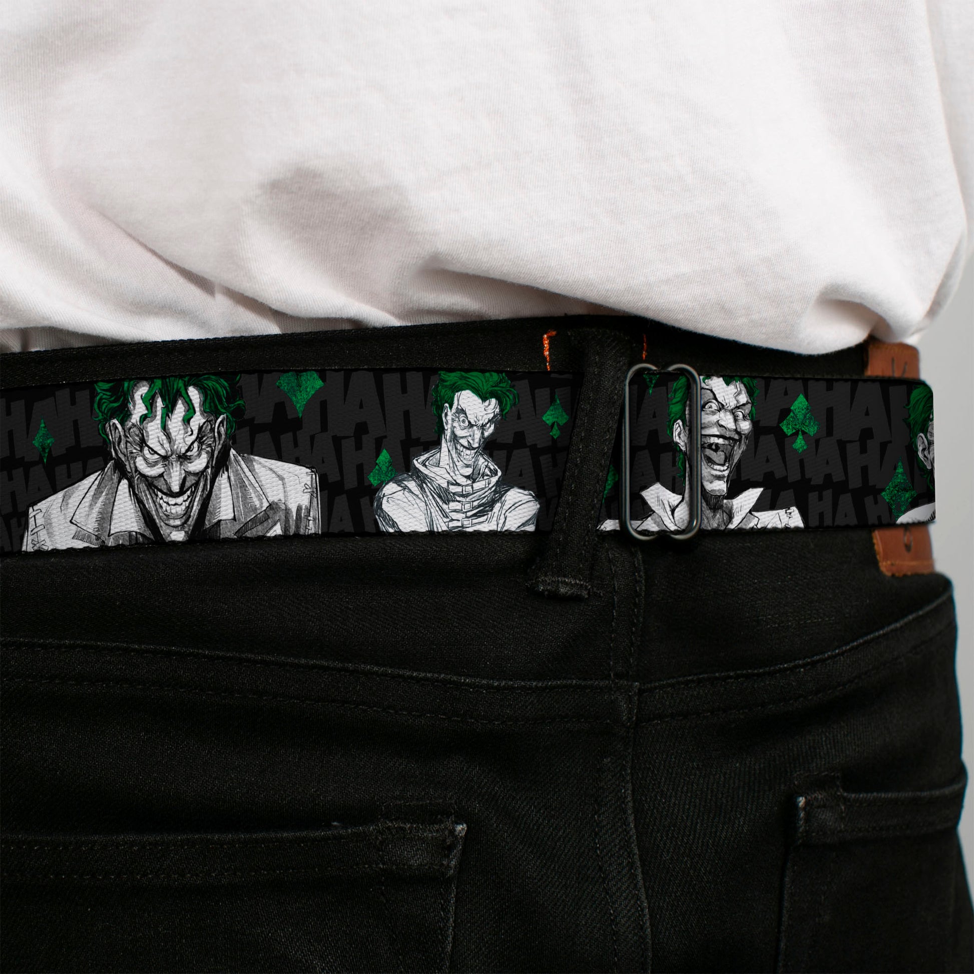 Joker Stare Full Color Black White Grays Green Seatbelt Belt - The Joker 4-Laughing Expressions/Suits/HAHAHA Black/Gray/Greens Webbing Seatbelt Belts DC Comics