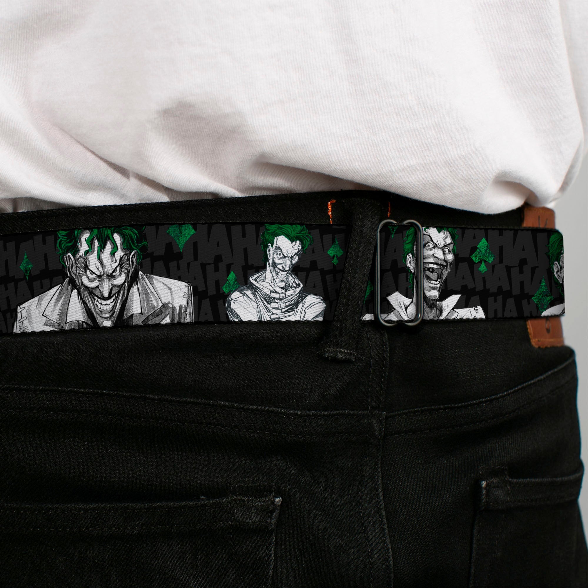 Joker Stare Full Color Black White Grays Green Seatbelt Belt - The Joker 4-Laughing Expressions/Suits/HAHAHA Black/Gray/Greens Webbing Seatbelt Belts DC Comics