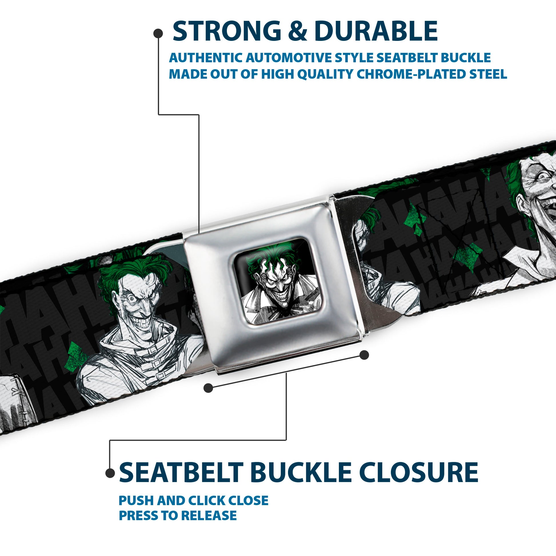 Joker Stare Full Color Black White Grays Green Seatbelt Belt - The Joker 4-Laughing Expressions/Suits/HAHAHA Black/Gray/Greens Webbing Seatbelt Belts DC Comics
