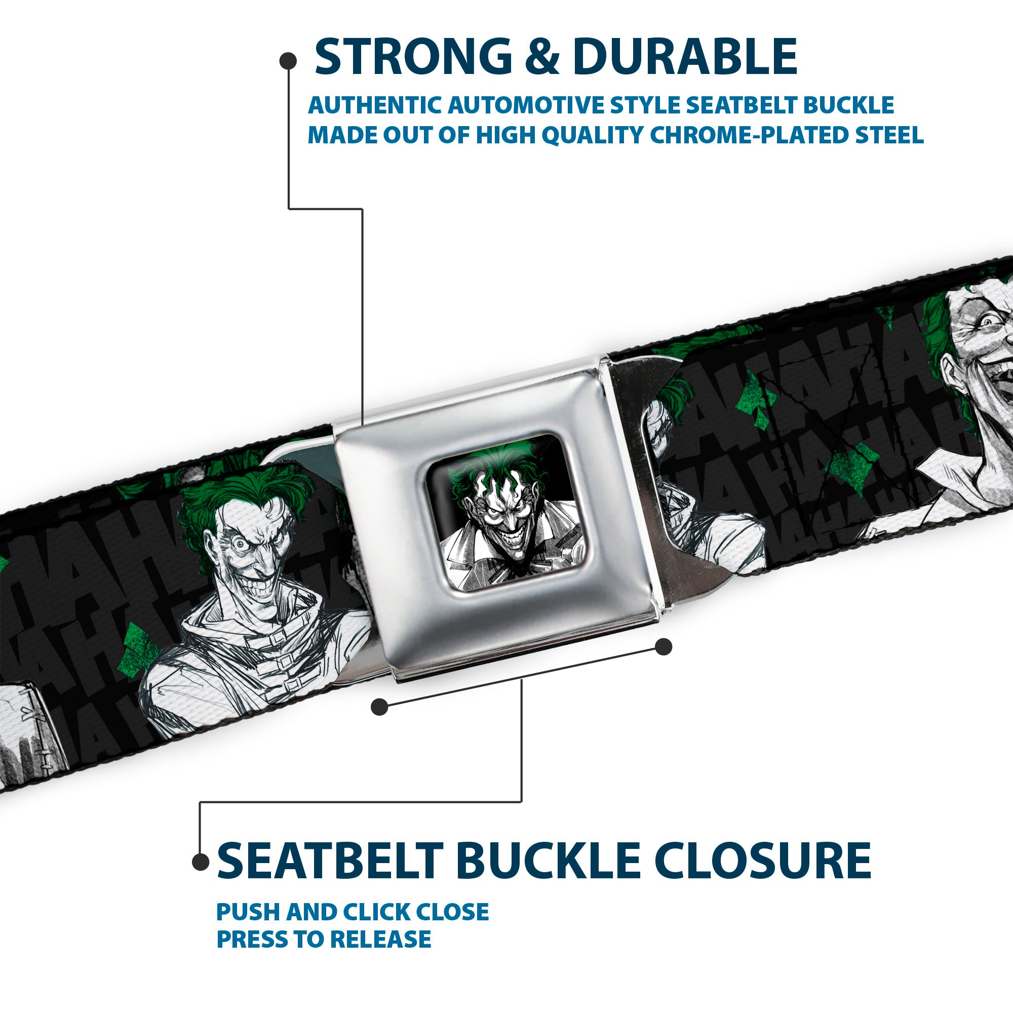 Joker Stare Full Color Black White Grays Green Seatbelt Belt - The Joker 4-Laughing Expressions/Suits/HAHAHA Black/Gray/Greens Webbing Seatbelt Belts DC Comics