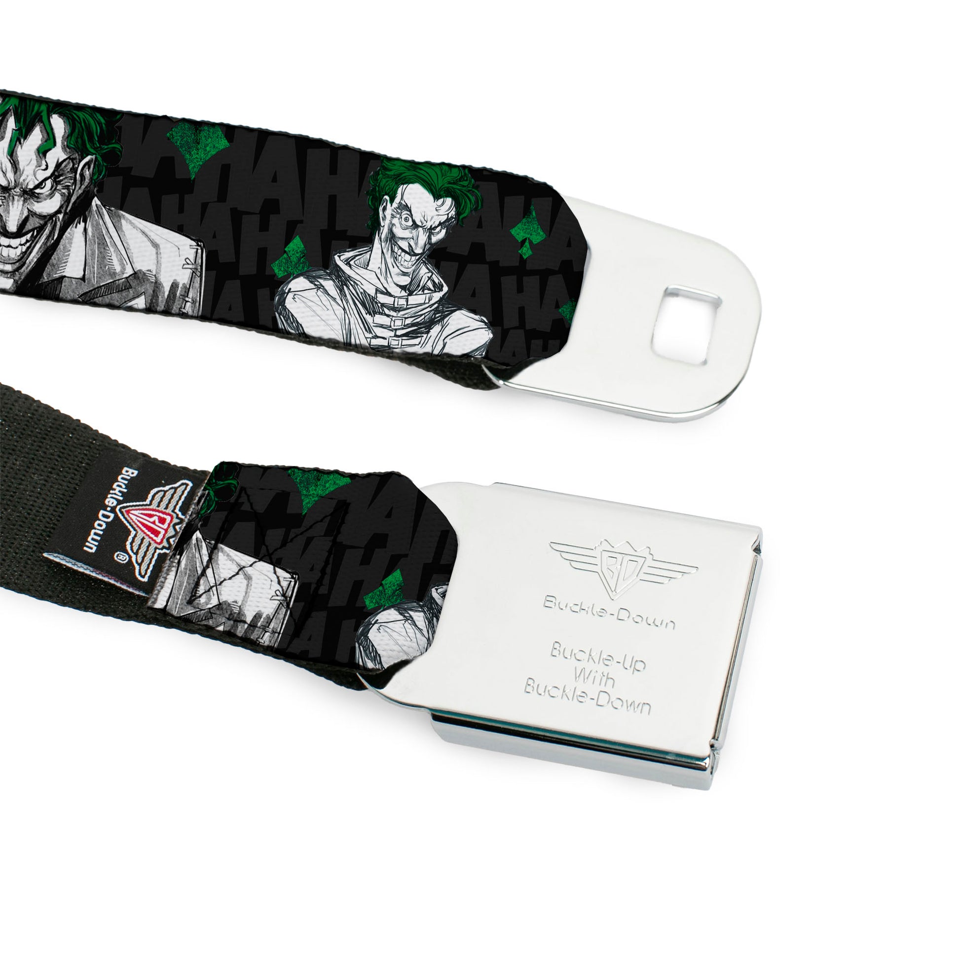 Joker Stare Full Color Black White Grays Green Seatbelt Belt - The Joker 4-Laughing Expressions/Suits/HAHAHA Black/Gray/Greens Webbing Seatbelt Belts DC Comics