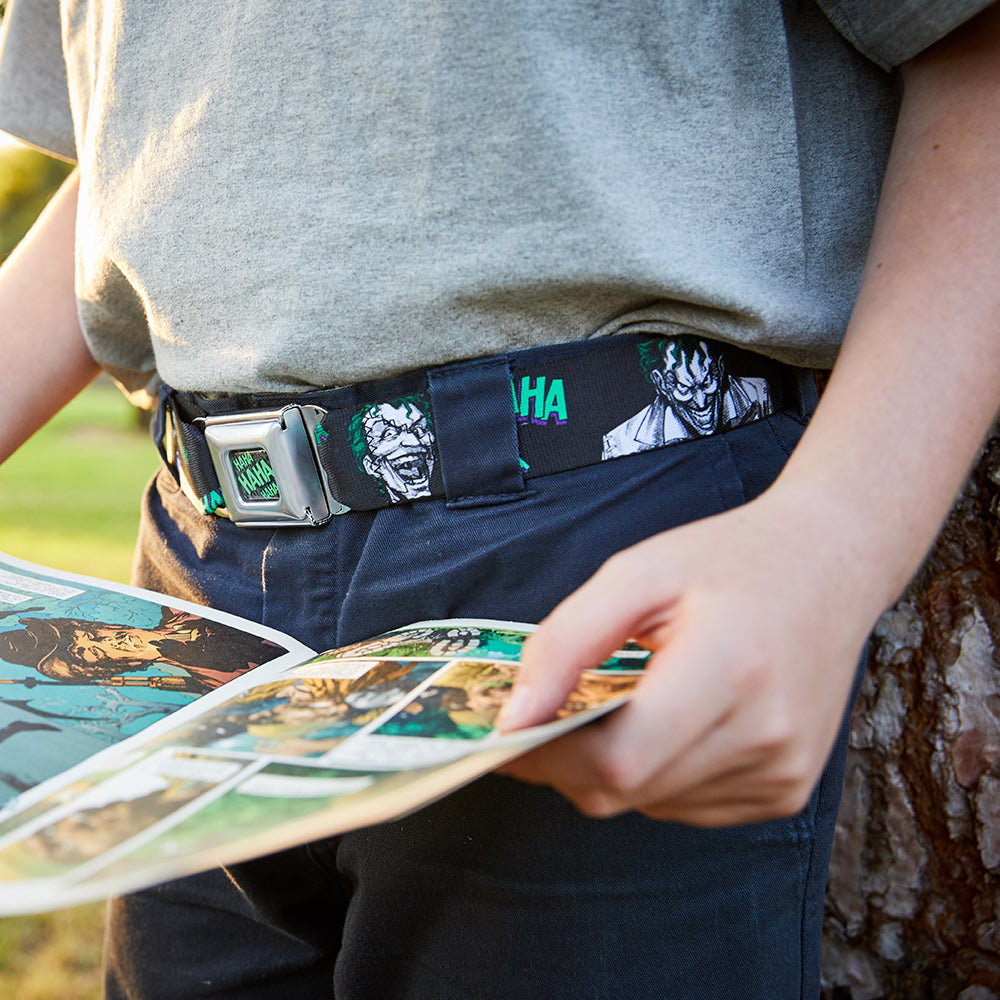 Joker Stare Full Color Black White Grays Green Seatbelt Belt - The Joker 4-Laughing Expressions/Suits/HAHAHA Black/Gray/Greens Webbing Seatbelt Belts DC Comics