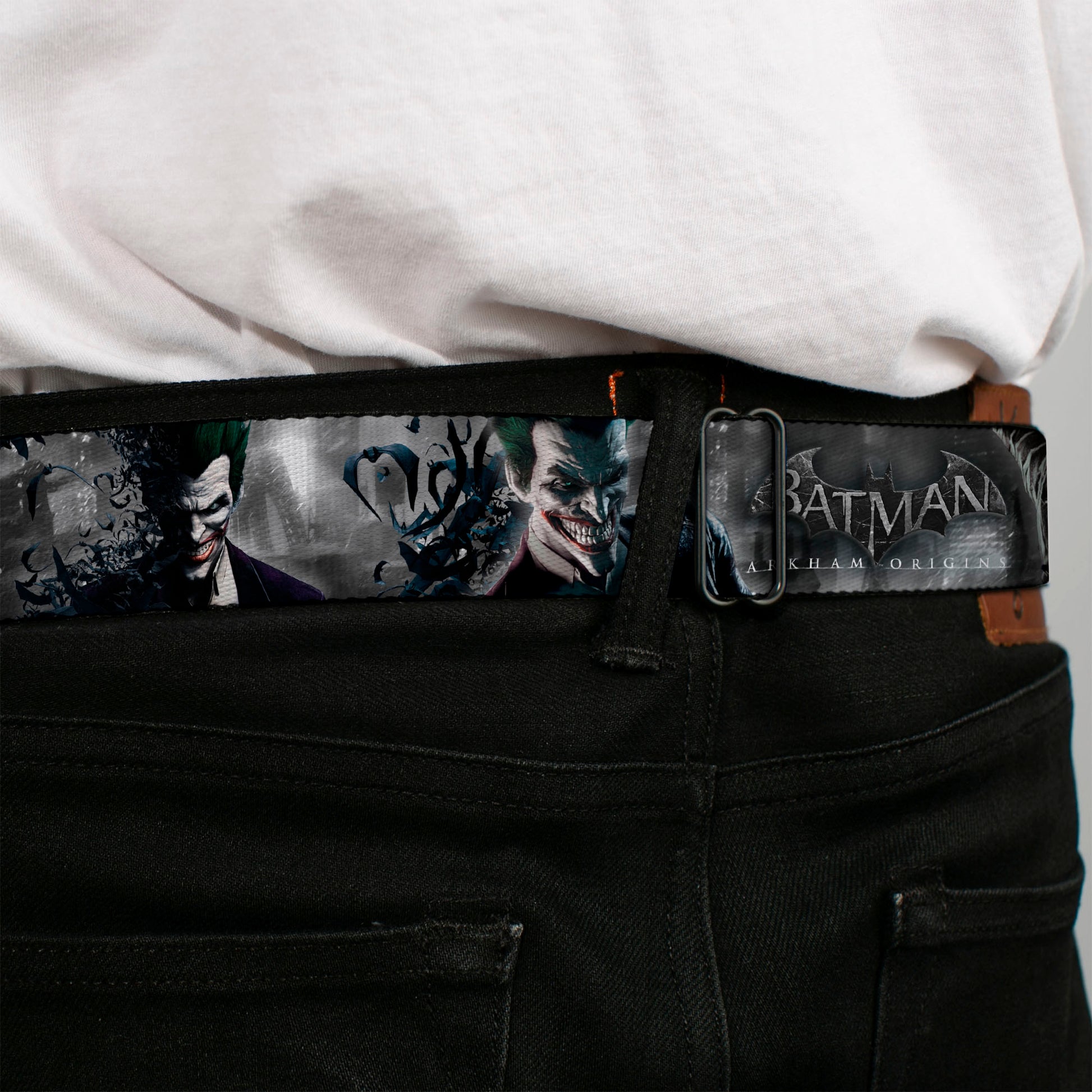 Joker Face Bats CLOSE-UP Full Color Grays Seatbelt Belt - BATMAN ARKHAM ORIGINS Joker Expressions/Bats Grays Webbing Seatbelt Belts DC Comics