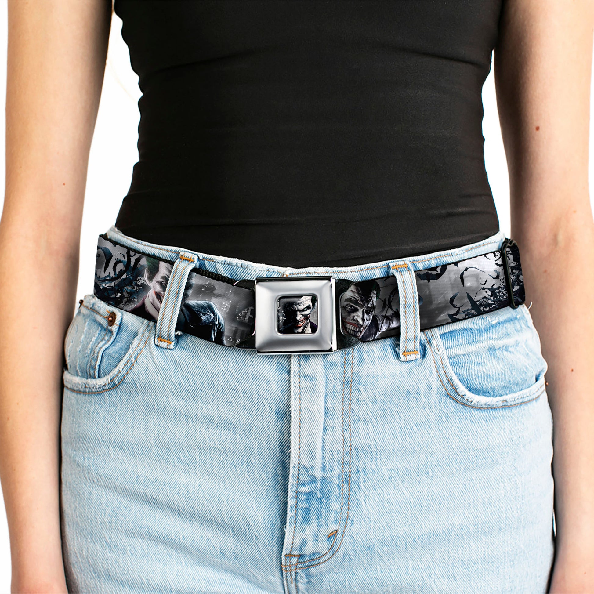 Joker Face Bats CLOSE-UP Full Color Grays Seatbelt Belt - BATMAN ARKHAM ORIGINS Joker Expressions/Bats Grays Webbing Seatbelt Belts DC Comics